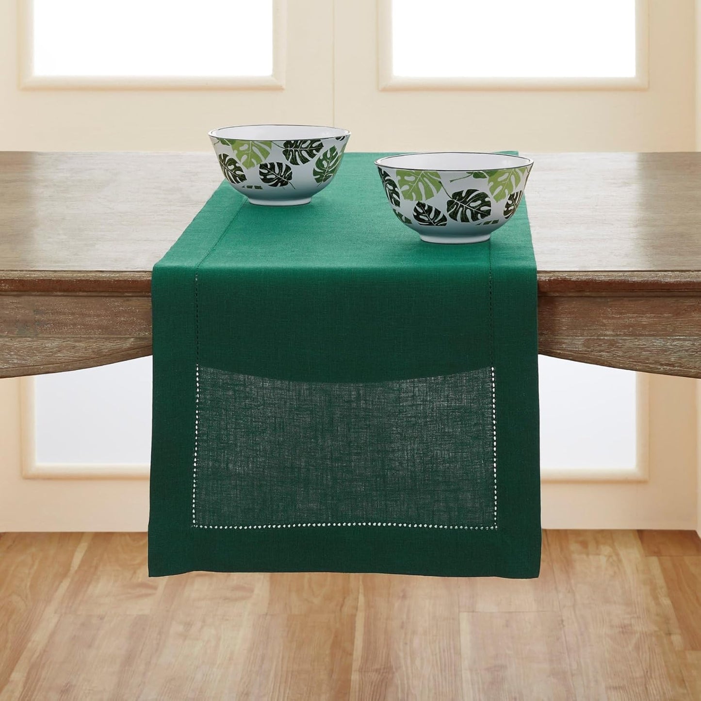 Solino Home Linen Table Runner 108 Inches Long - 100% Pure Linen Rainforest Green Table Runner 14 x 108 Inch for Fall, Autumn, Thanksgiving, Christmas - Classic Hemstitch