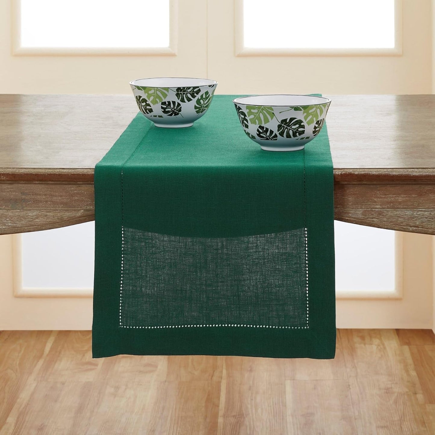 Solino Home Linen Rainforest Green Table Runner 90 Inches Long - 100% Pure Linen Hemstitch 14 x 90 Inch Table Runner for Dining, Fall, Autumn, Thanksgiving, Christmas - Classic Hemstitch