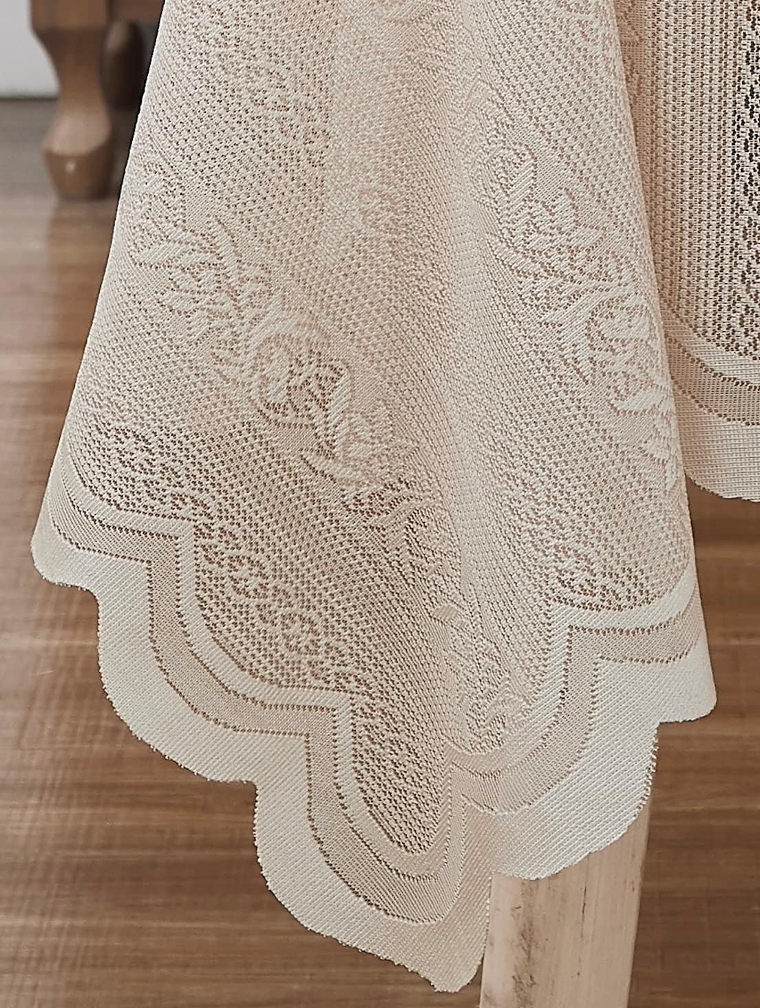 LinenZone Lace Round Tablecloth with Elegant Scalloped Bottom for Any Special Event Such as Wedding, Birthday Party, Baby Shower, Anniversary. Sits 6 to 8 People. (Linda 90 Round, Linen)