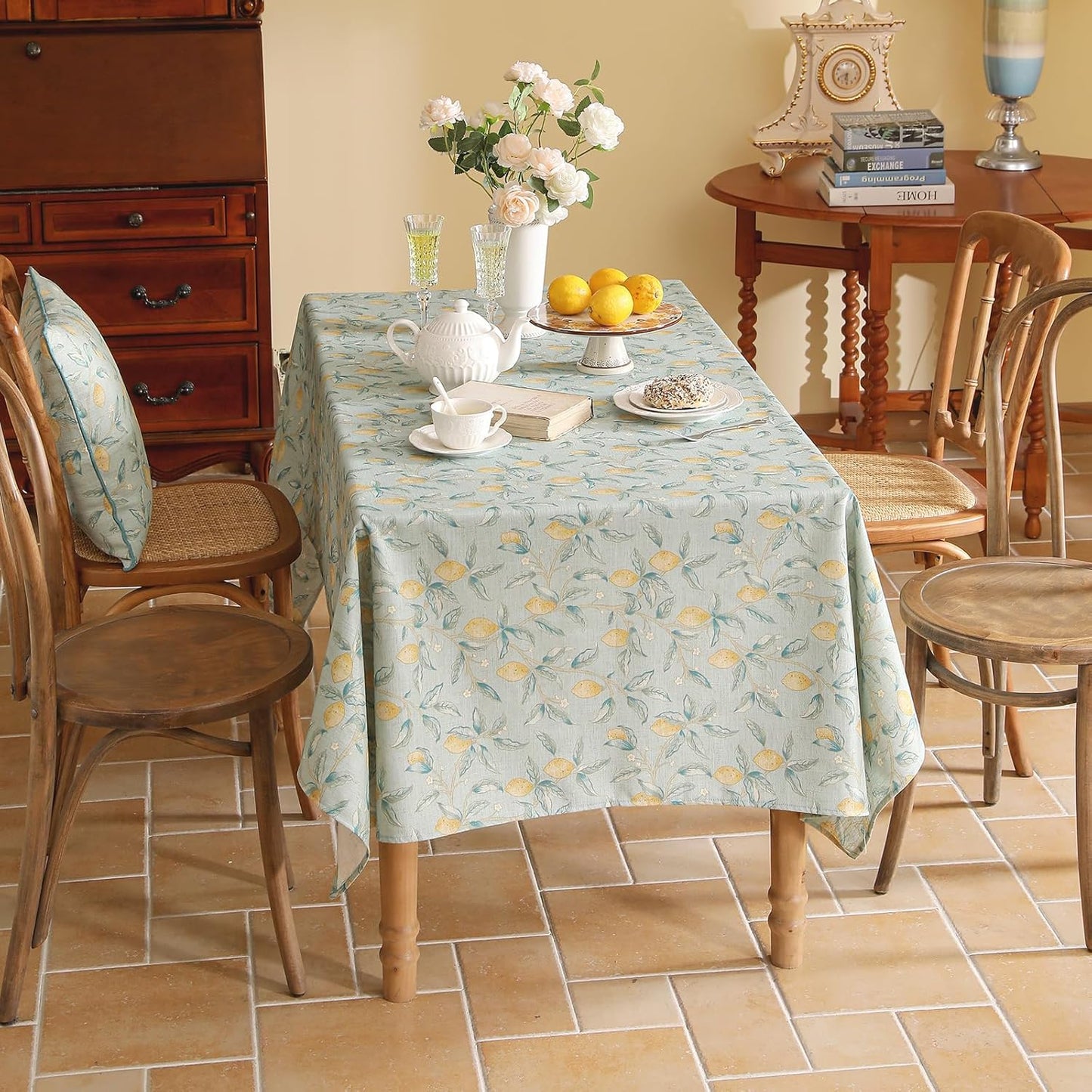 patdrea Designer Linen Green Tablecloth for Rectangle Table,Vintage Breathable Yellow Fruits Pattern Table Cloth,Decoration Cover for Kitchen Dining,Christmas,Thanksgiving,Party,63"x87"-Ania a