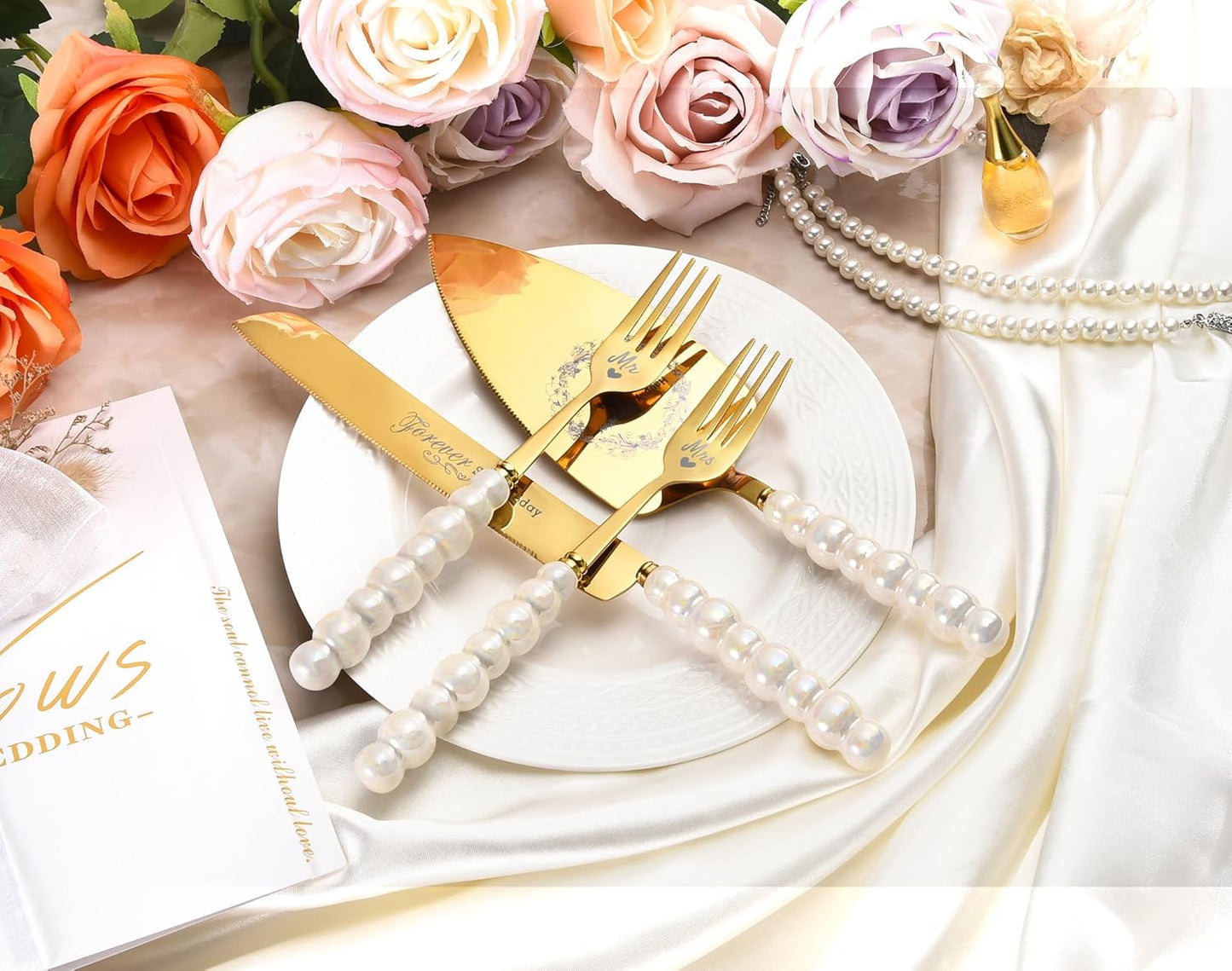 Wedding Cake Knife and Server Set,Gold Cake Cutting Set for Wedding,Ceramic Pearl Handle Wedding Cake Cutting Set for Engagements,Weddings, Anniversaries,and Engagement Gifts for Couples