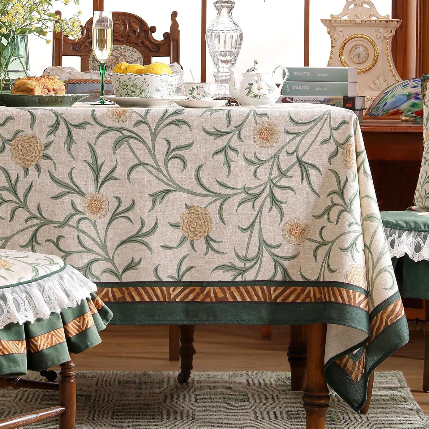patdrea Designer French Linen Table Cloth for Rectangle Table,Vintage Fall Decorative Tablecloth,Floral Decoration Cover for Kitchen Dining Christmas,Tea Party,Thanksgiving,63"x102"-Littledaisy