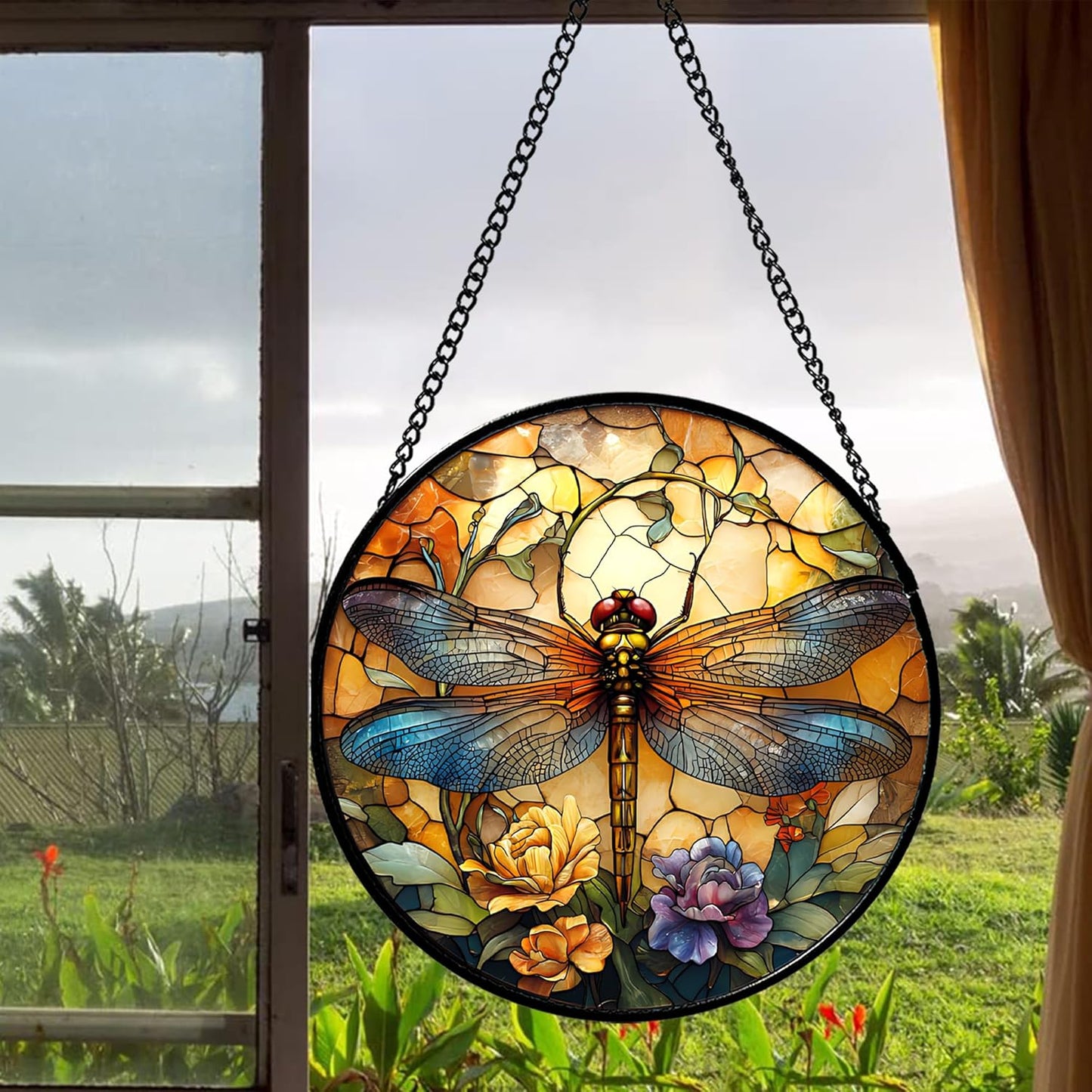 Stained Glass Window Hanging - Orange Blue Dragonfly Flower Suncatcher for Doors Window Home Sun Catchers Decor Christmas Mother's Day Birthday Outdoor Gifts for Women Men Mom Nana 7.8 in
