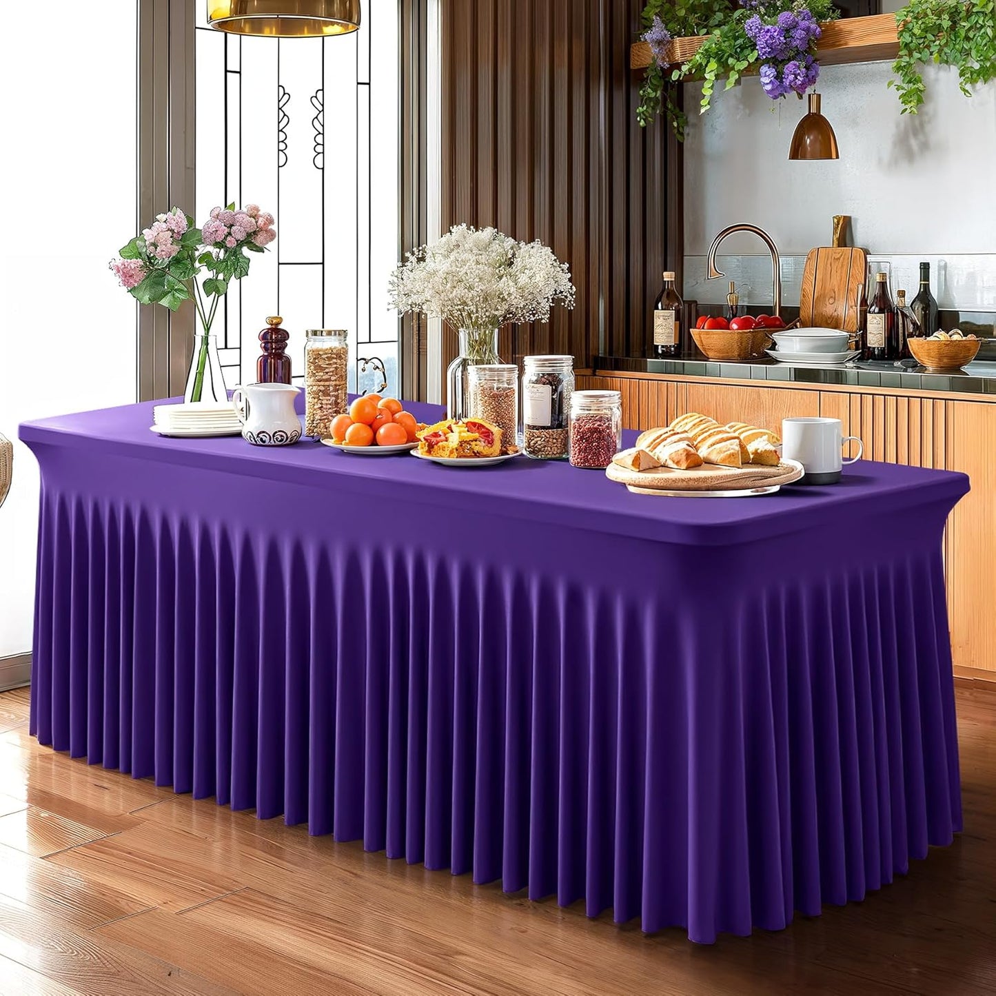 Wish Care 2 Pack Dark Purple Spandex Table Clothes for 4 Foot Rectangle Tables, 4FT Wrinkle Free Fitted Tablecloths Ruffles Design Table Cover for Party, Banquet, Wedding and Events