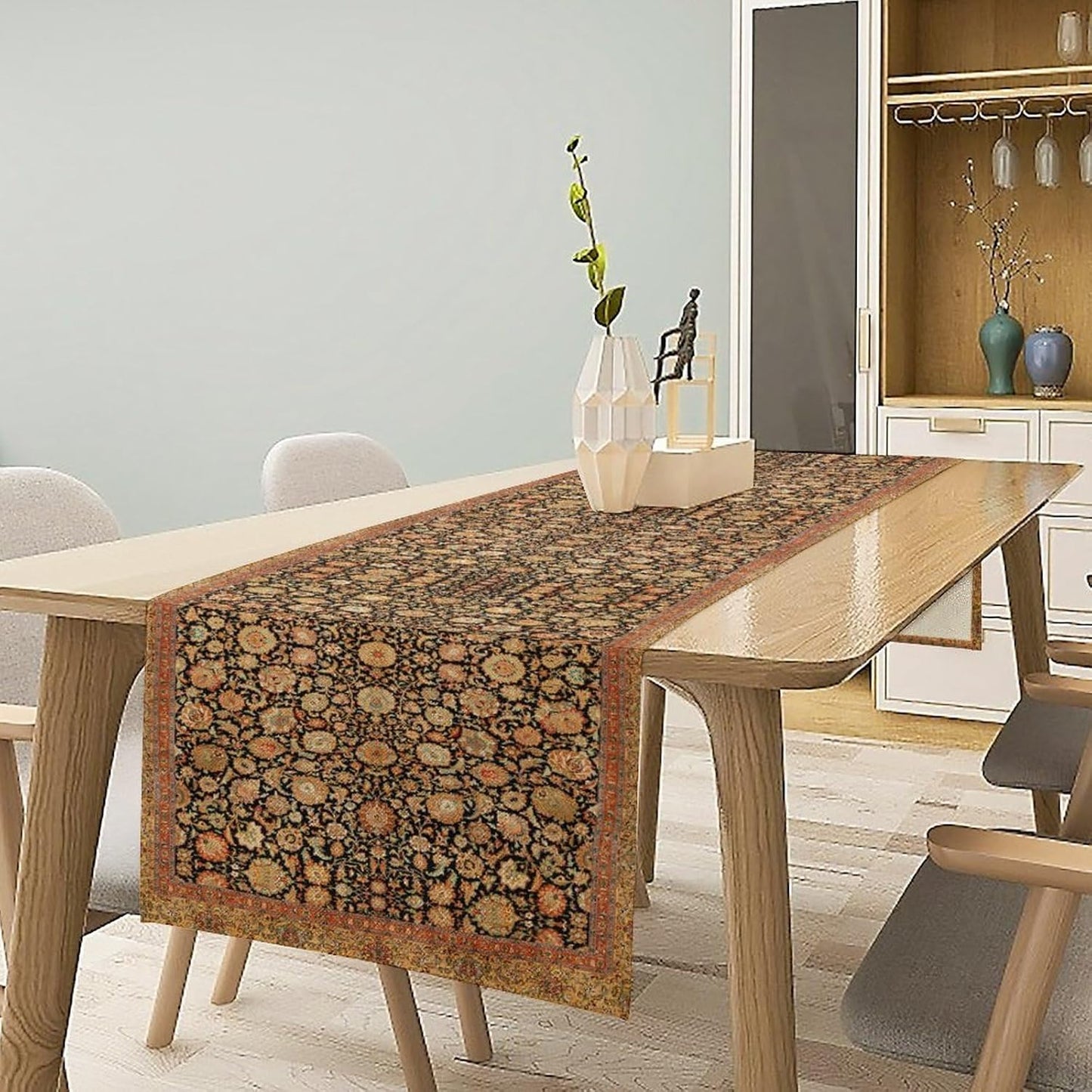 Vintage Boho Floral Table Runner, Rustic Country Farmhouse Orange Yellow Black Retro Flower Pattern for Home Kitchen Table Decor Dining Coffee Room Party Decor 13x36in