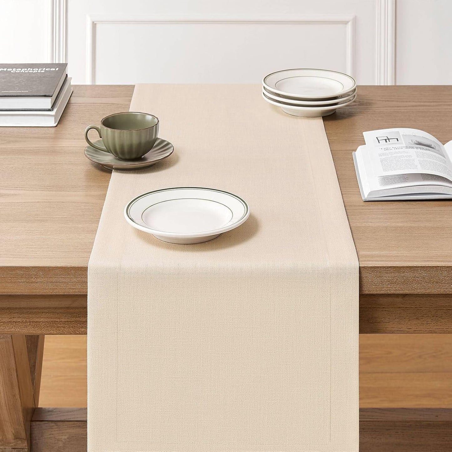 ZeeMart Linen Textured Border Table Runner, 14 x 108 Inch Cream, Farmhouse Style Cream Table Runners 108 Inches Long, Easy Care Everyday Polyester Table Runner
