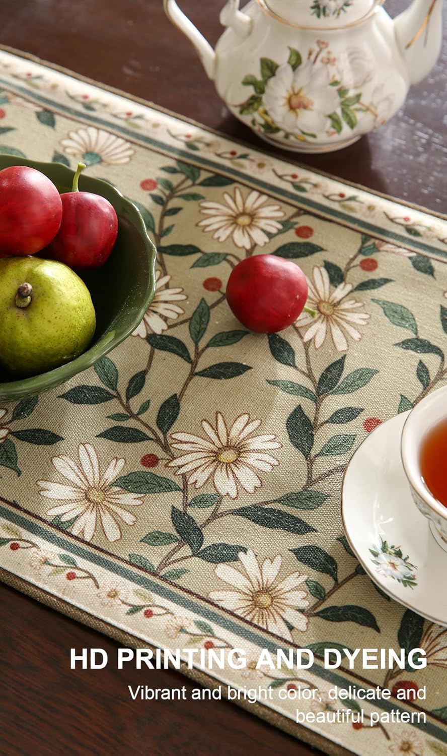ISAENNE Designer Green Elegant Linen Extra Long Table Runner 118 Inches,Flower and Leaves Pattern Wrinkle Resistant Table Runners for Dining Tables,Thanksgiving,Kitchen Tables,Christmas,12"*118"-Brune