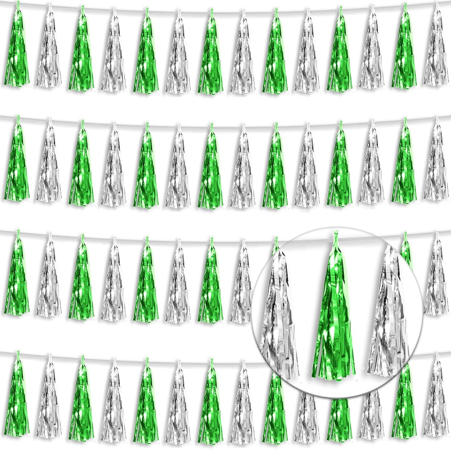 4P Green Silver Foil Fringe Tassel Banner Garland Metallic Tinsel Streamers Wall Hanging Curtain Backdrop Banner for Parade Floats, 2024 Graduation Decorations, Father's Day Party Decoration