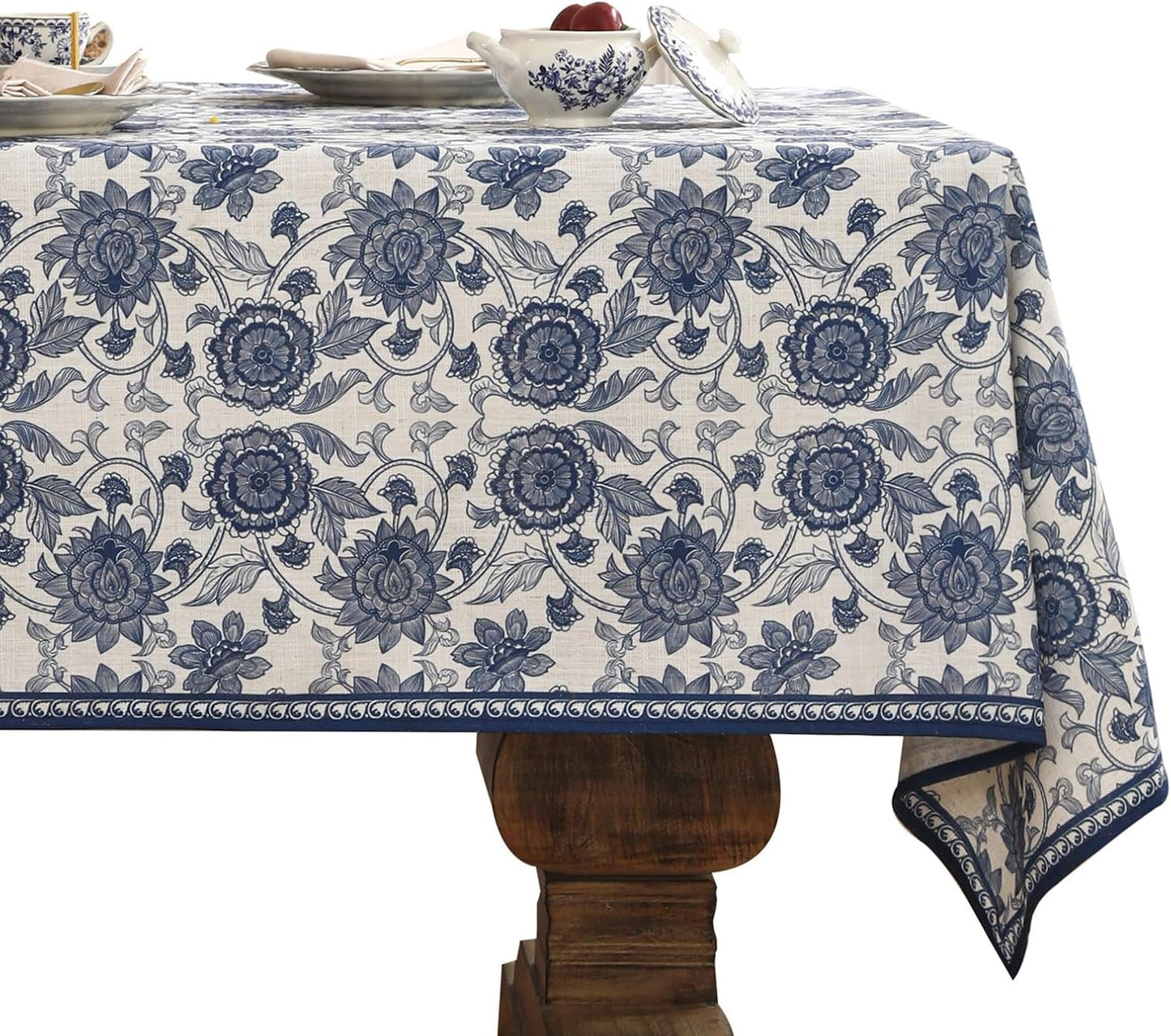 patdrea Designer Vintage Blue Rectangle Tablecloth,Linen Anti-Wrinkle Paisley Pattern Farmhouse Extra Long Table Cloth,Decor Cover for Kitchen Dining,Christmas,Thanksgiving,63"x110"-Lantang a