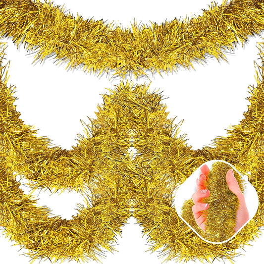 25 Feet Gold Christmas Tinsel Garland, Metallic Foil Twist Garland Wall Hanging Tinsel Banner Backdrop for Parade Floats, Easter, Mother's Day, Birthday Party Decorations (4in x 25ft)