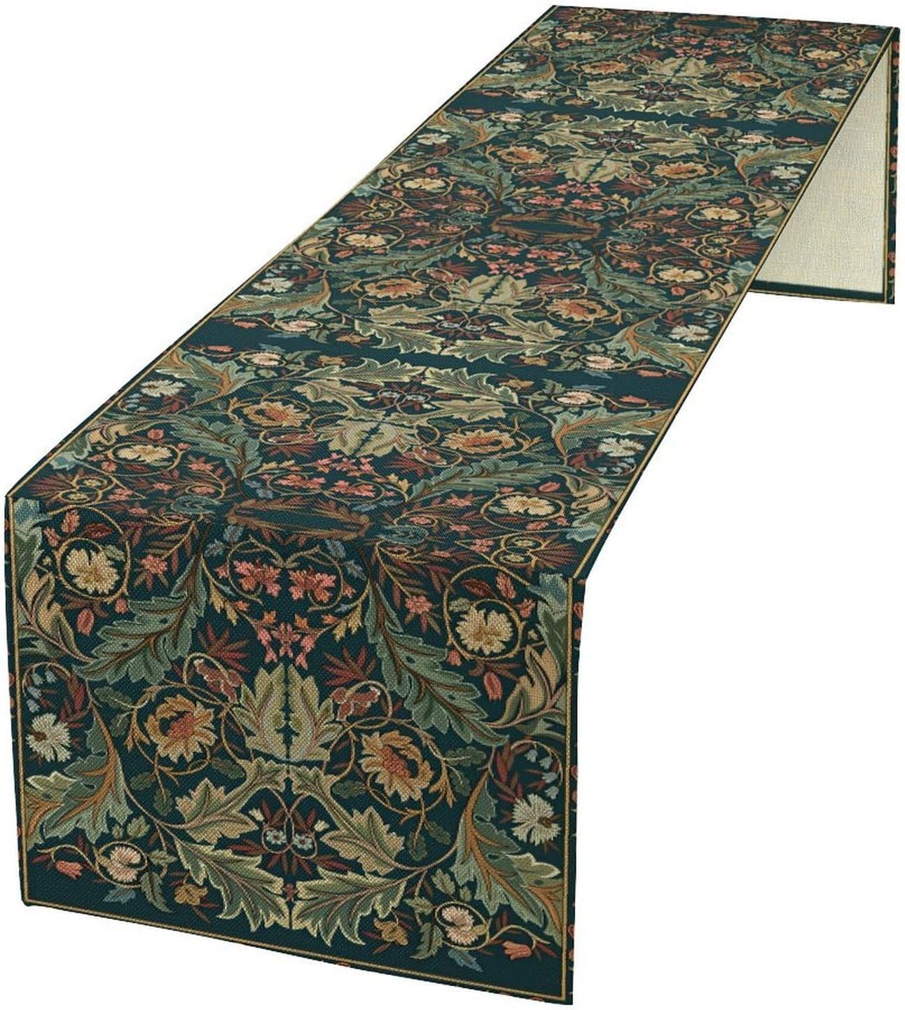 Green Morris Floral Table Runner, Boho Rustic Country Farmhouse Teal Red Rose Pattern for Home Kitchen Table Decor Dining Coffee Room Party Decor 13x36in