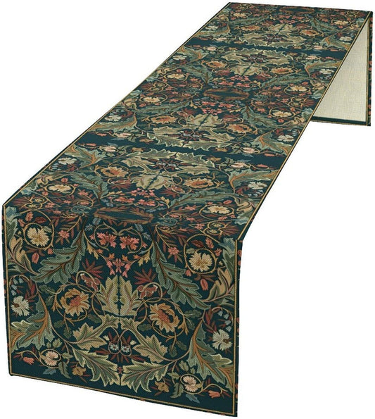 Green Morris Floral Table Runner, Boho Rustic Country Farmhouse Teal Red Rose Pattern for Home Kitchen Table Decor Dining Coffee Room Party Decor 13x36in