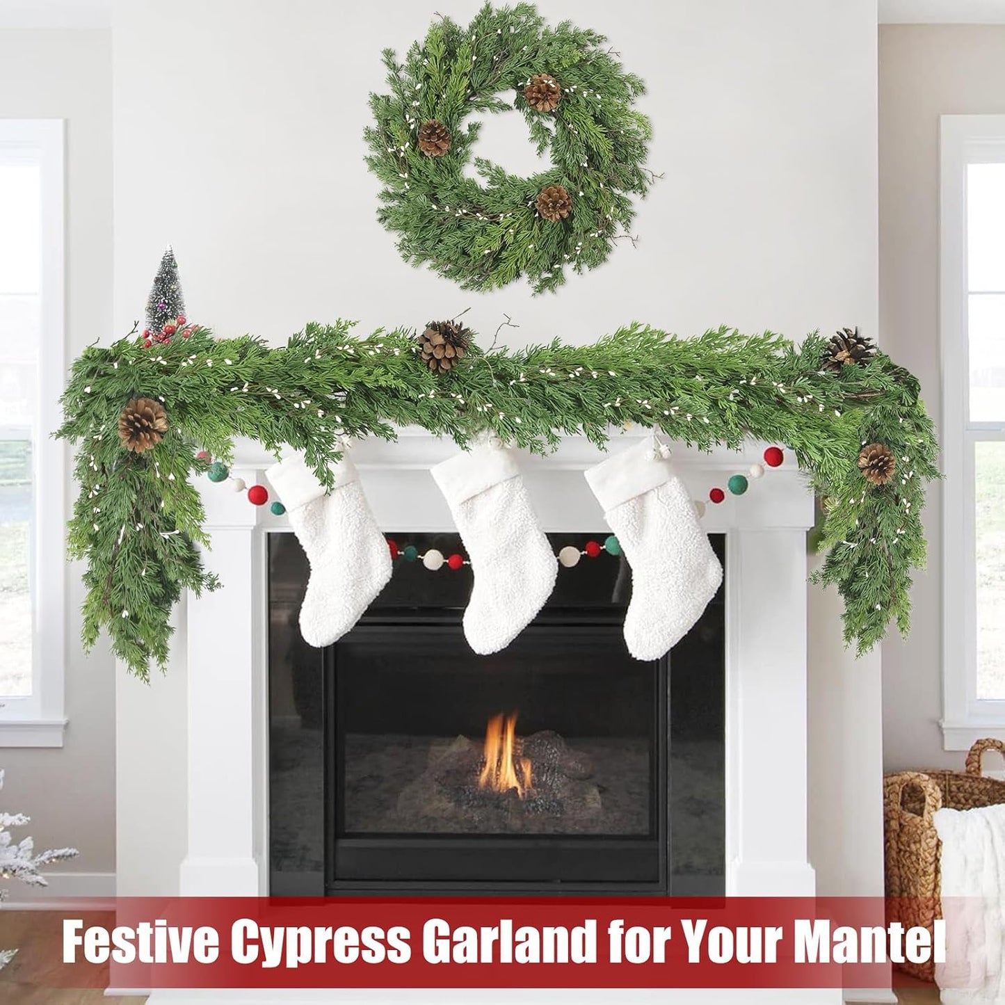 Artgar 6 Ft Christmas Cedar Garland - Realistic Greenery Cypress Garland with Pinecone - Artificial Real Touch Pine Garlands for Outdoor Home Dining Table Mantel Stair Porch Winter Xmas Decor