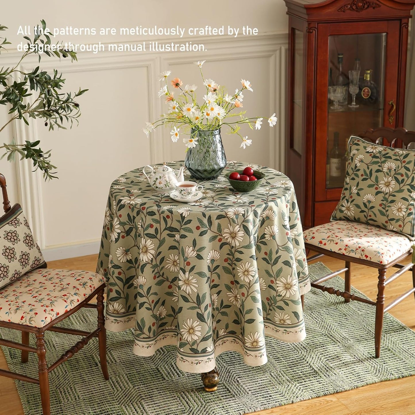 ISAENNE Designer Green Linen Round Tablecloth,Floral French Country Indoor Table Cloth,Stain Resistant Home Decor Tablecloths for Dining Kitchen Thanksgiving Christmas Party,67"*67"-Brune
