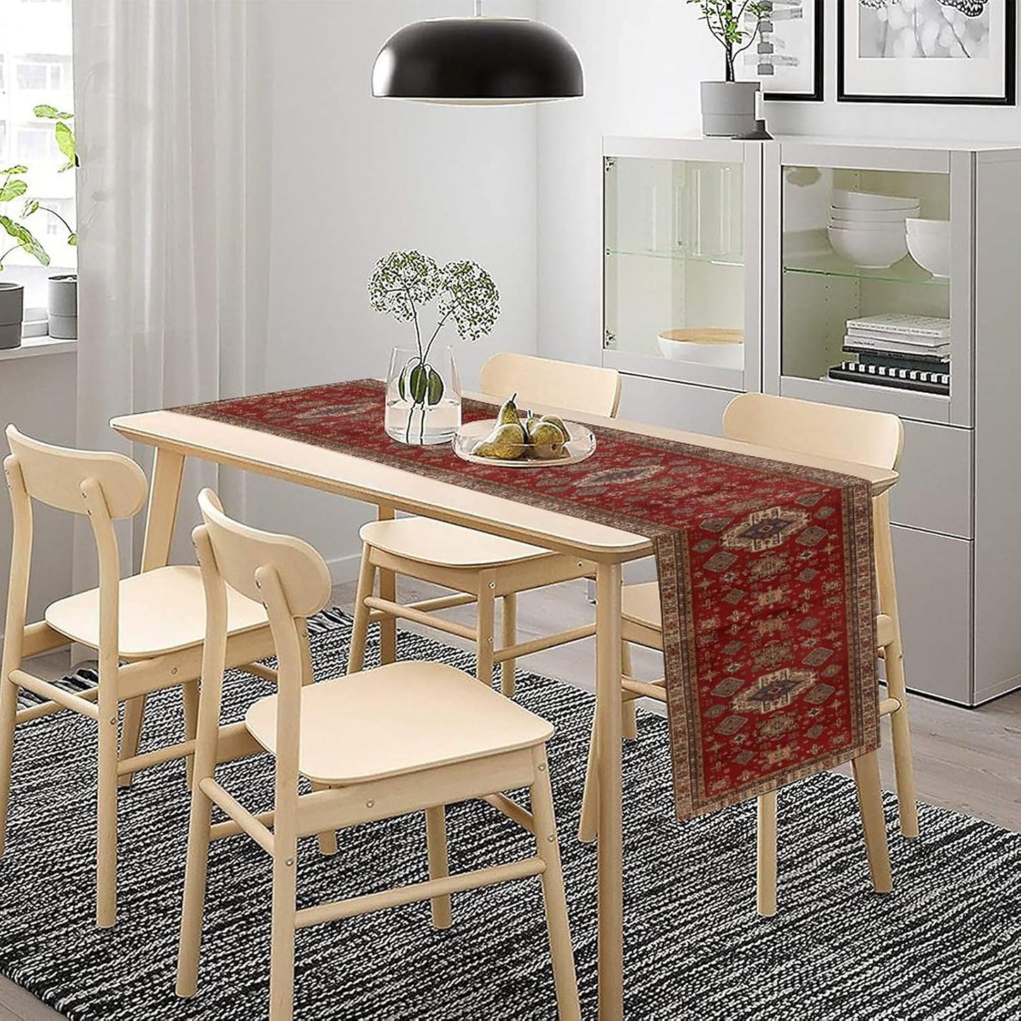 Boho Floral Vintage Table Runner, Retro Red Brown Flower Rustic Country Farmhouse Abstract Pattern for Home Kitchen Table Decor Dining Coffee Room Party Decor 13x36in