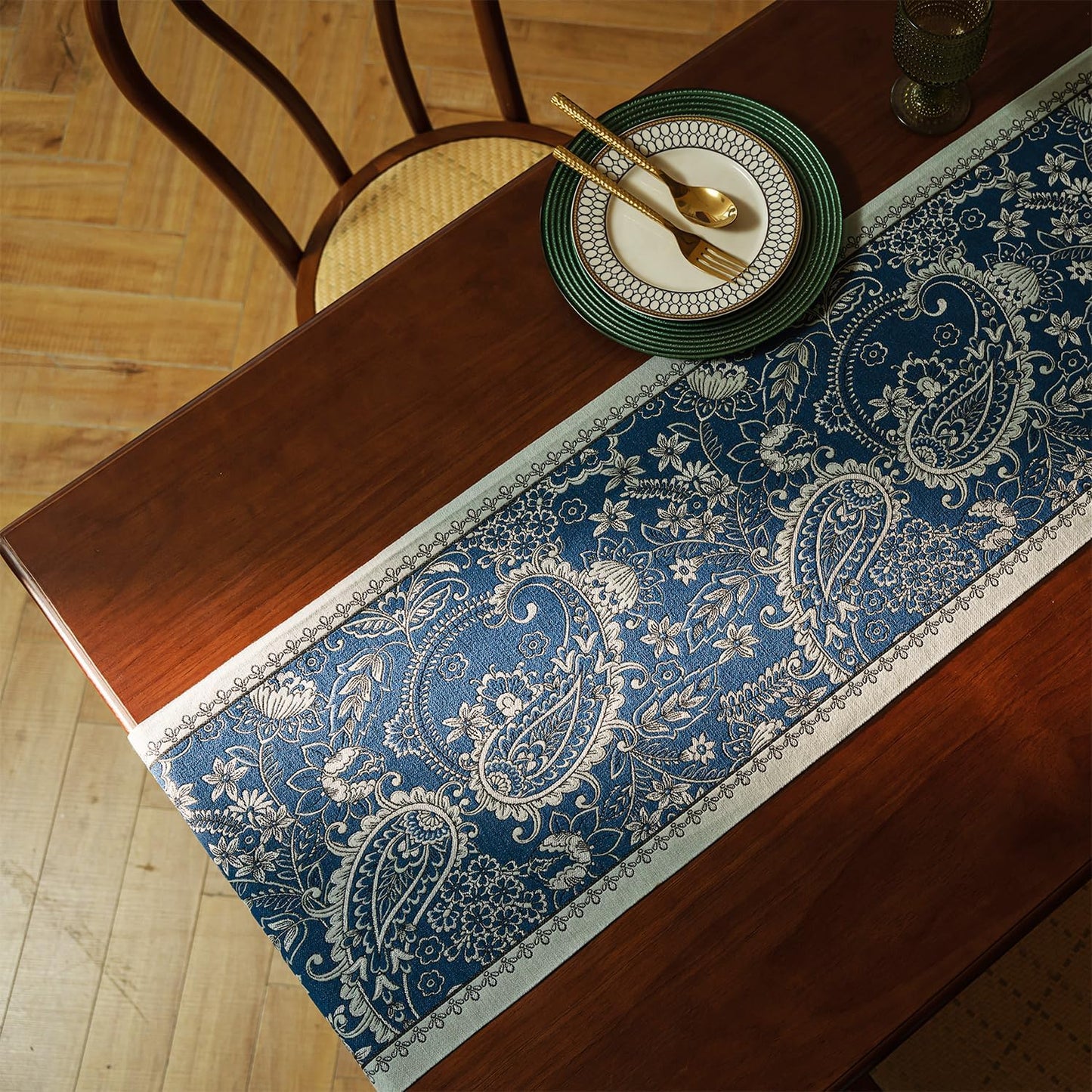13×72 Inch Table Runner, Retro-Luxury Tassels Series for Kitchen Dining Table Holiday Decoration (Blue Pheonix)