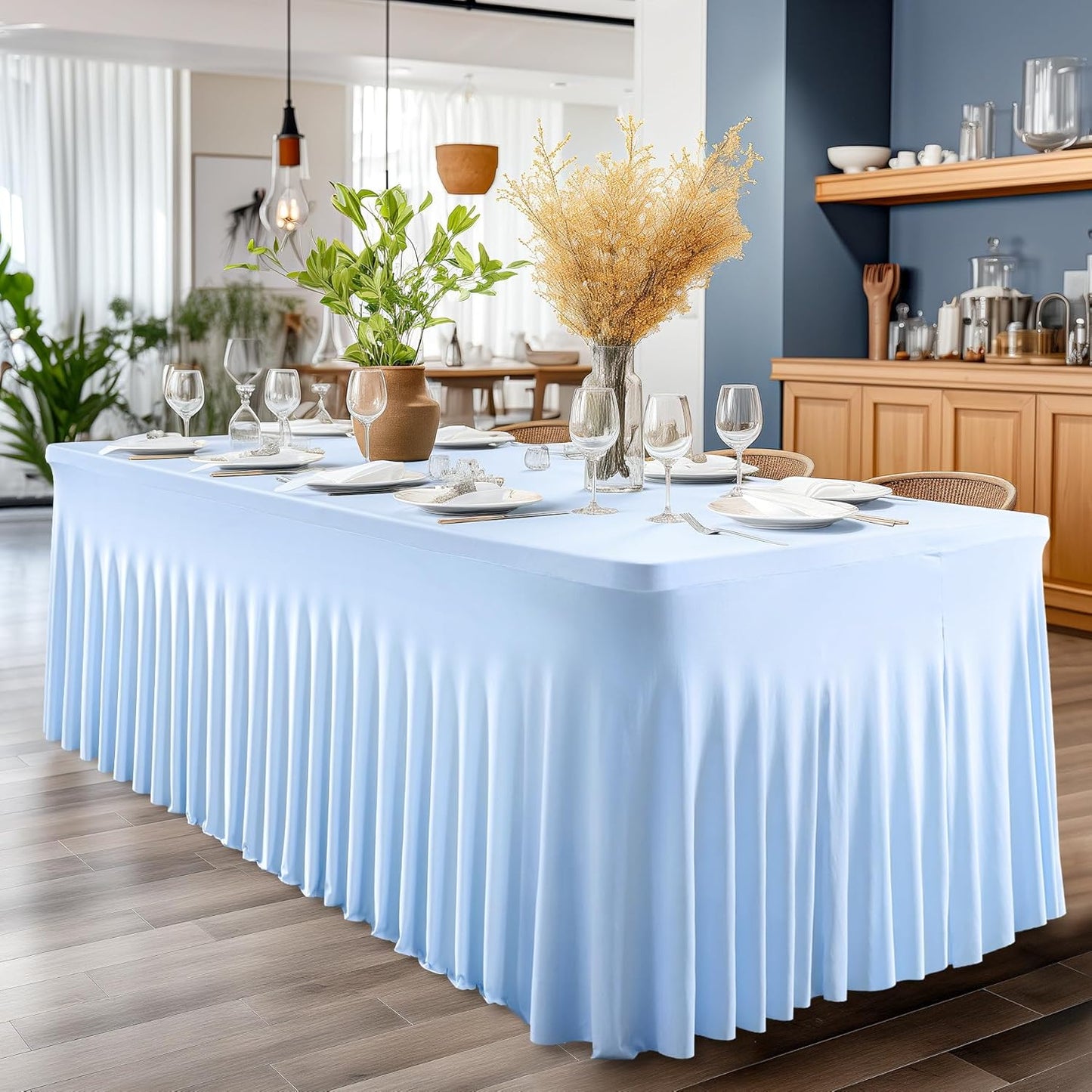 Wish Care 6 Pack Baby Blue Spandex Table Clothes for 6 Foot Rectangle Tables, 6FT Wrinkle Free Fitted Tablecloths Ruffles Design Table Cover for Party, Banquet, Wedding and Events