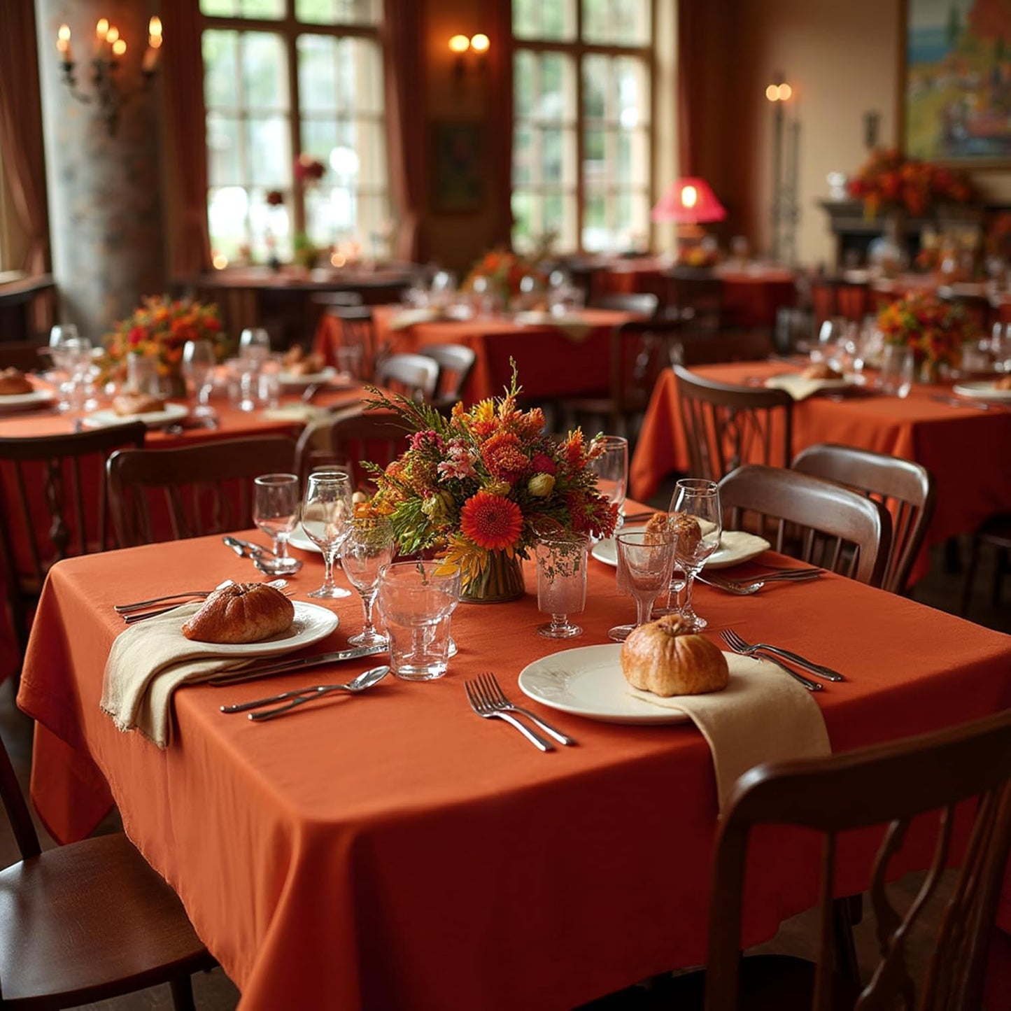 sancua Thanksgiving Square Tablecloths 60x60 Inch Rust, 2 Pack Fabric Fall Table Cloth for Square or Round Tables, Burnt Orange Washable Polyester Table Cover for Dinner, Holiday Party, Display Tables