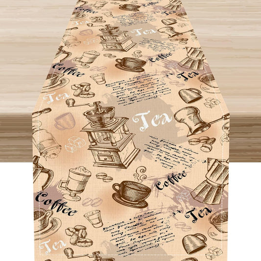 Coffee Theme Table Runner, Rustic Farmhouse Coffee Cup Tea Party Cafe Table Center Decor for Home Kitchen Dining Patio Holiday Party Indoor Outdoor Table Decorations,13"x36" Inch
