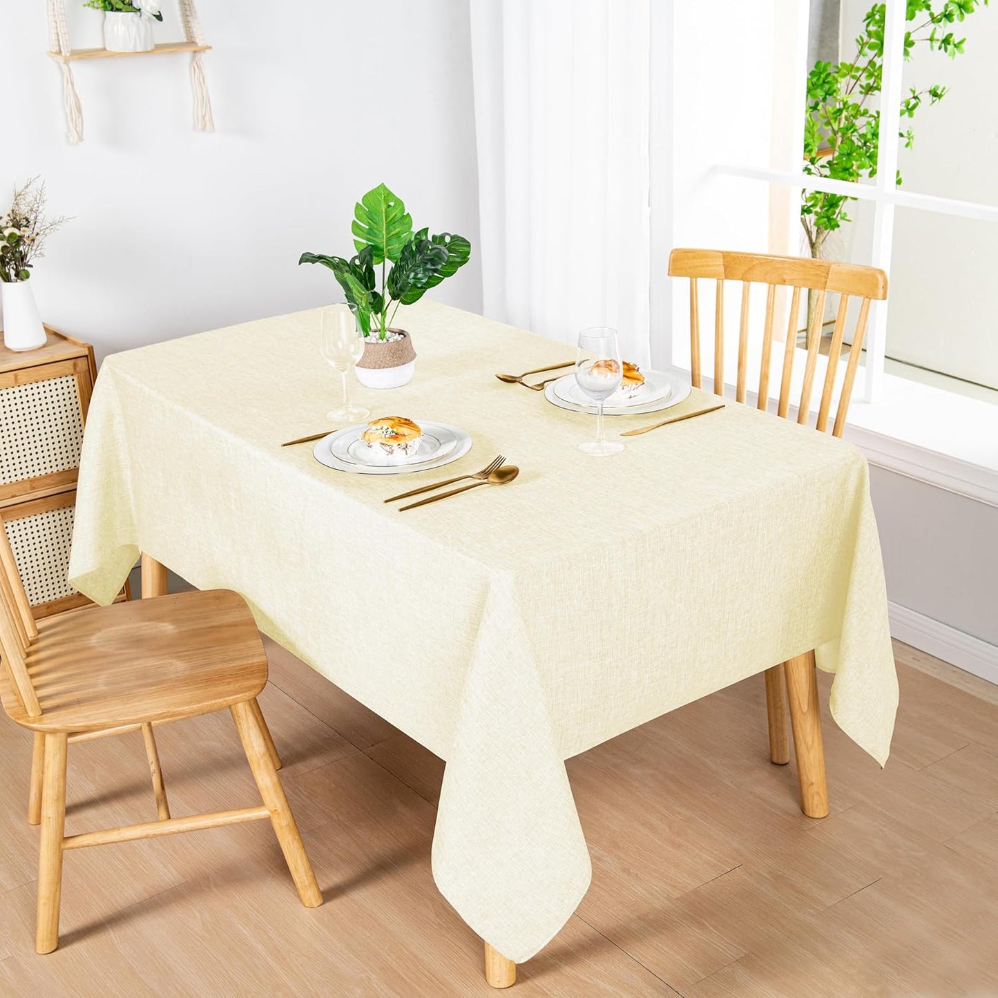 Hiasan Faux Linen Rectangle Tablecloth - Wrinkle and Stain Resistant Washable Table Cloth for Kitchen Dining Room Holiday Table Cover for Dinner, Champagne, 90 x 132 Inch