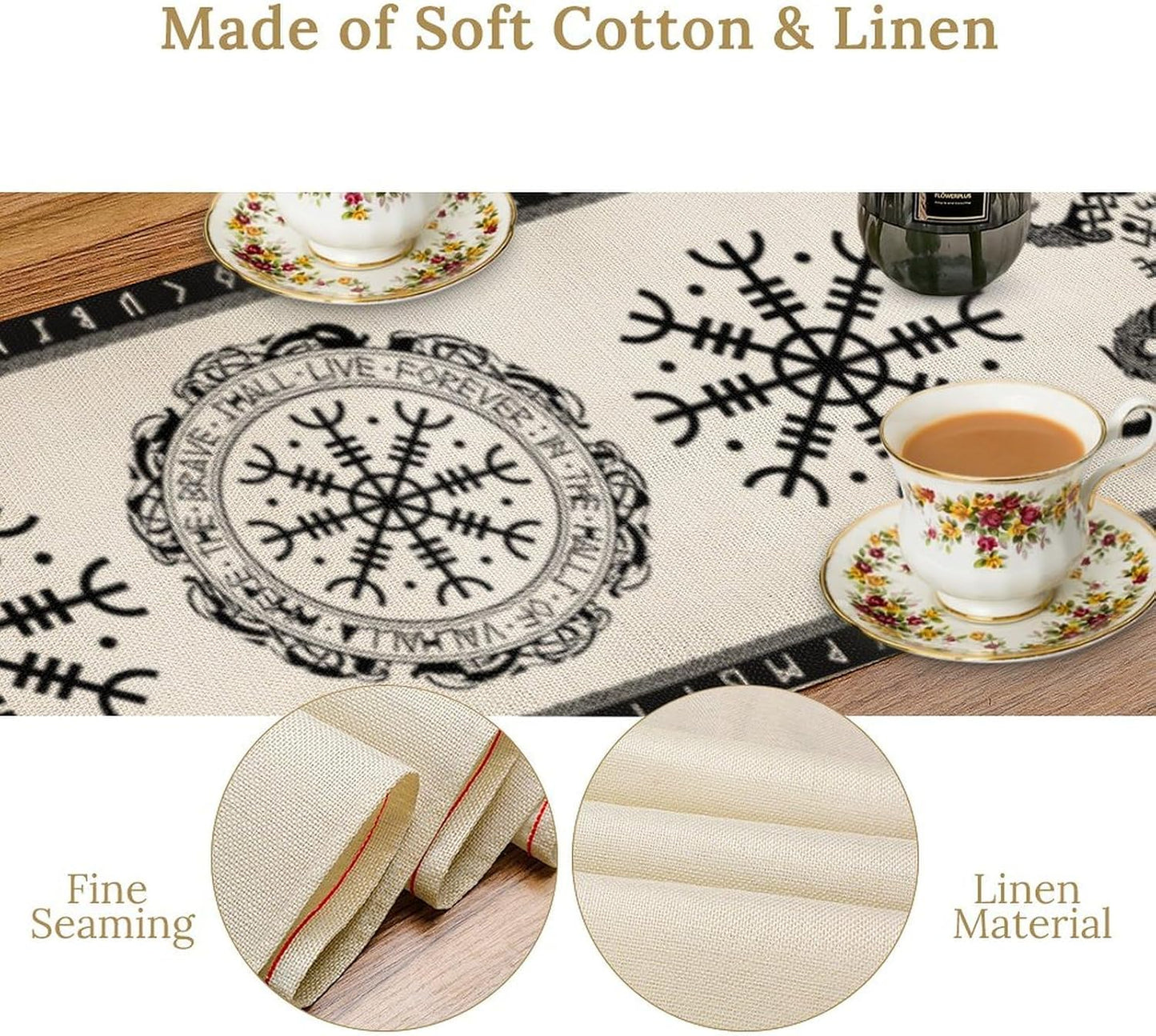 Ancient Abstract Pattern Table Runner, Tree of Life Eagle Dragon Boat Rudder Black and White Table Runner 13x60 Inch
