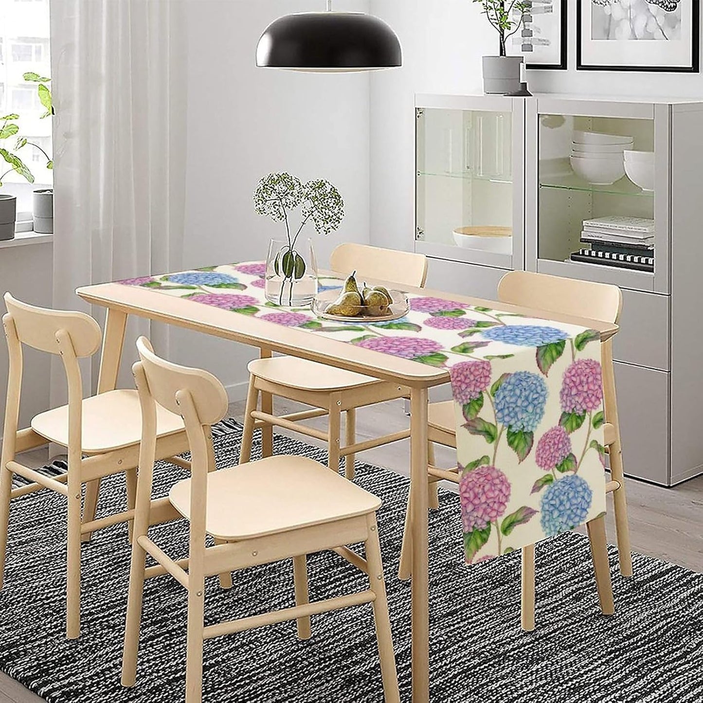 Spring Hydrangea Flower Table Runner, Seasonal Summer Plants Watercolor Pink Purple Florals Dinner Runner for Home Kitchen Dining Table Party Holiday Decoration 13"x90"