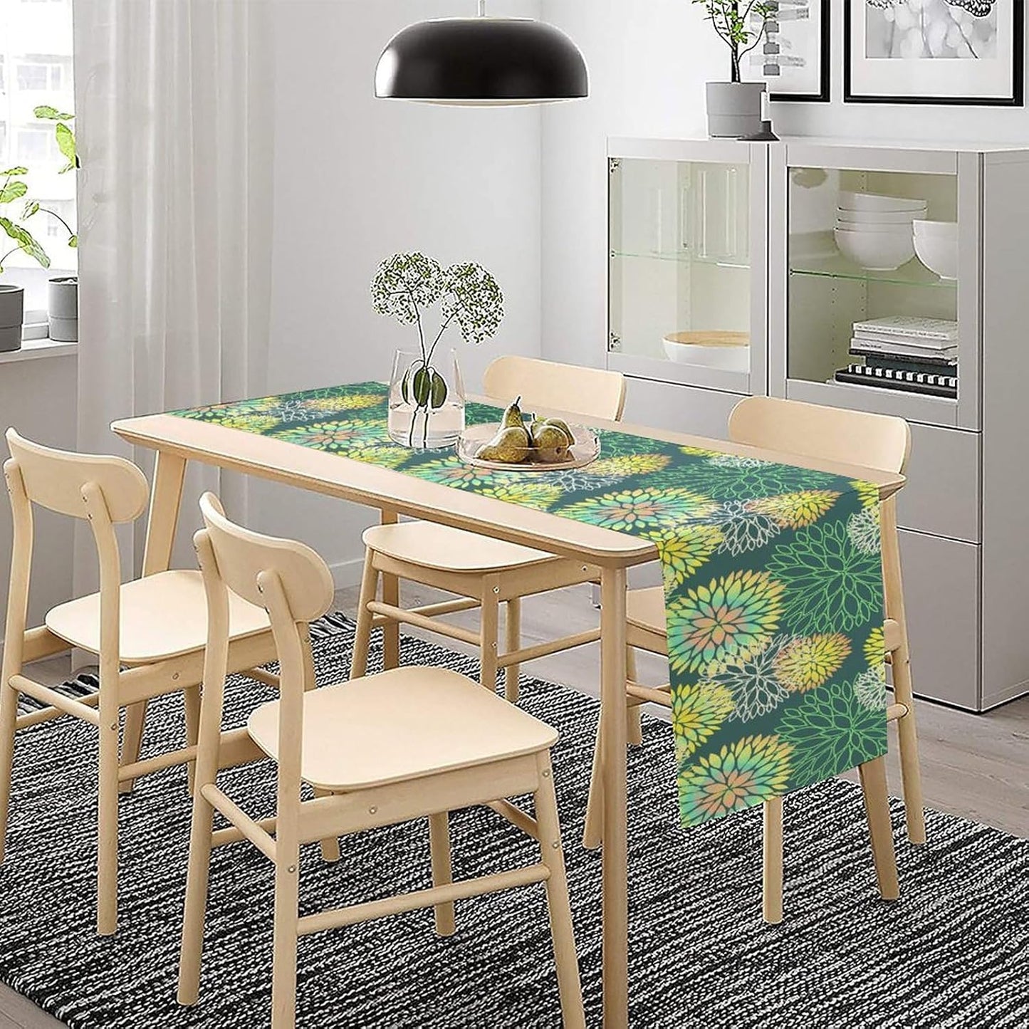 Green Dahlia Flower Table Runner, Linen Geometric Pattern Floral Table Decor Spring Farmhouse Decorations for Kitchen Dining Holiday Party Decor, 13x36 Inch