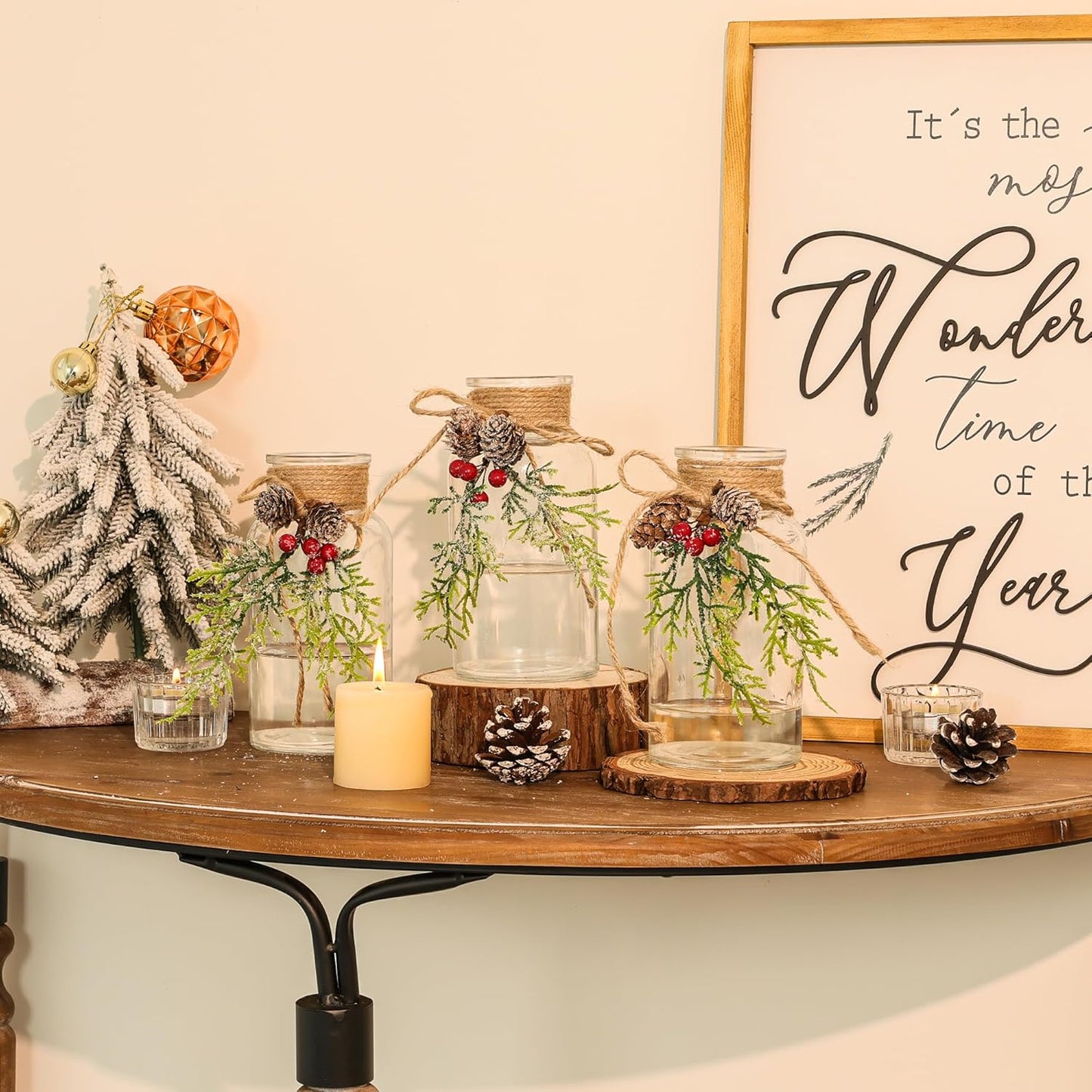 Set of 3 Xmas Decor Vases Christmas Centerpieces for Tables Farmhouse Holiday Table Decor Clear Glass Vases with Twine Ties for Christmas Decorations