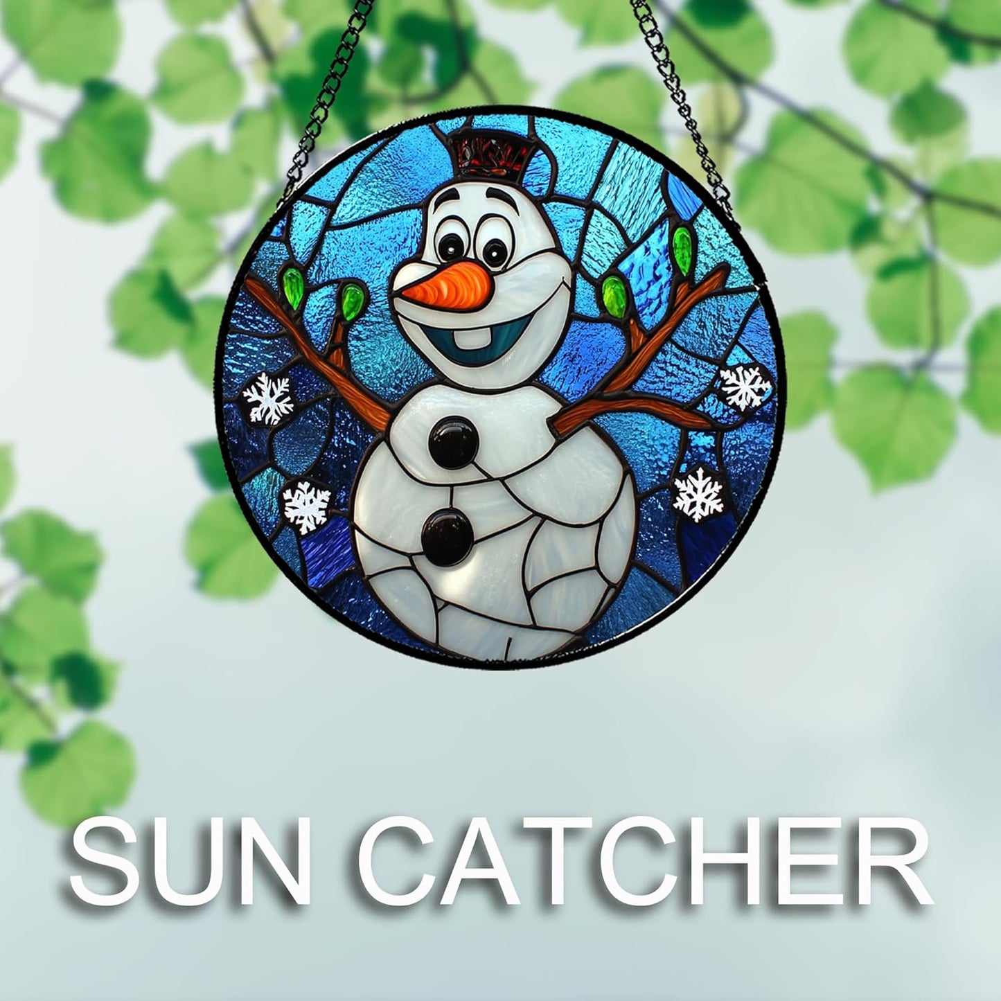 Stained Glass Window Hanging Christmas Funny Snowman 7.8" - Suncatcher Door Garden Blue White Snowflakes Sun Catcher New Year Birthday for Friend Mom Men Woman Nana