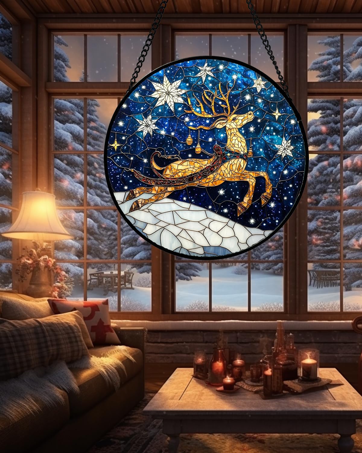 Stained Glass Window Hanging - Reindeer Blue Starry Sky Suncatcher for Doors Home Christmas Decoration Winter Sun Catcher Thanksgiving New Year Birthday Gifts for Women Men Mom Nana 6.3 in