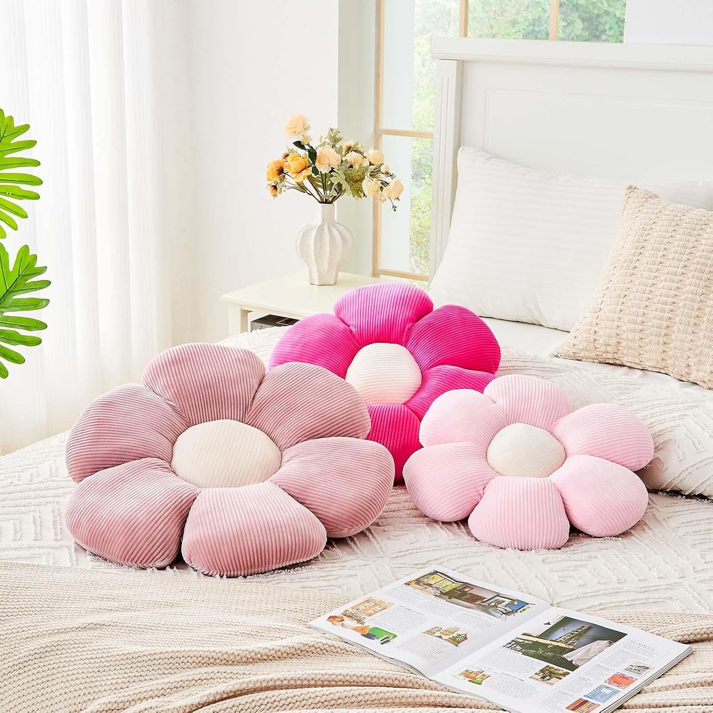 Hot Pink Flower Pillow, 17.7" Cute Flower Shaped Floor Pillow, Aesthetic Floral Plush Daisy Decorative Throw Pillows for Bed Sofa Couch