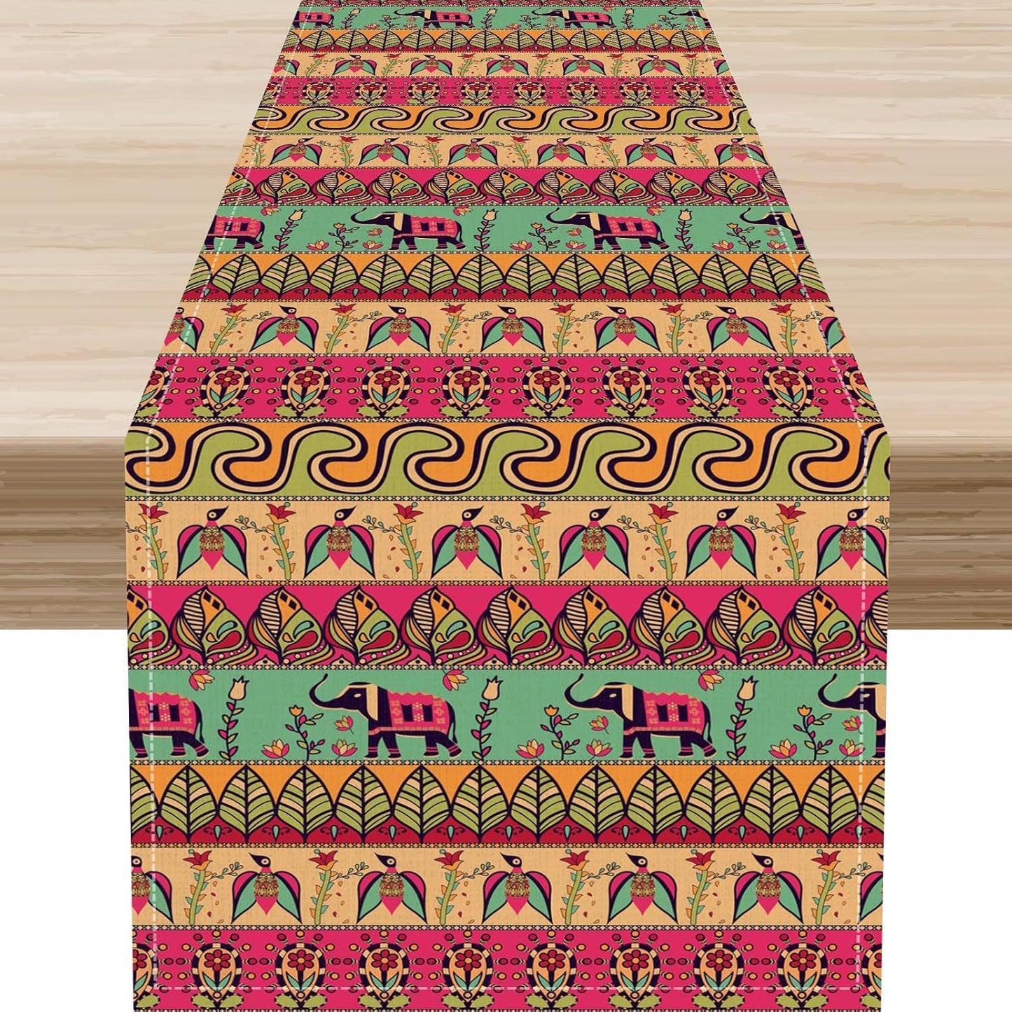 Boho Table Runner, Indian Bohemian Elephant Mandala Paisley Floral Hippie Art Print Table Center Decor for Home Kitchen Dining Patio Holiday Party Indoor Outdoor Table Decorations, 13"x72" Inch
