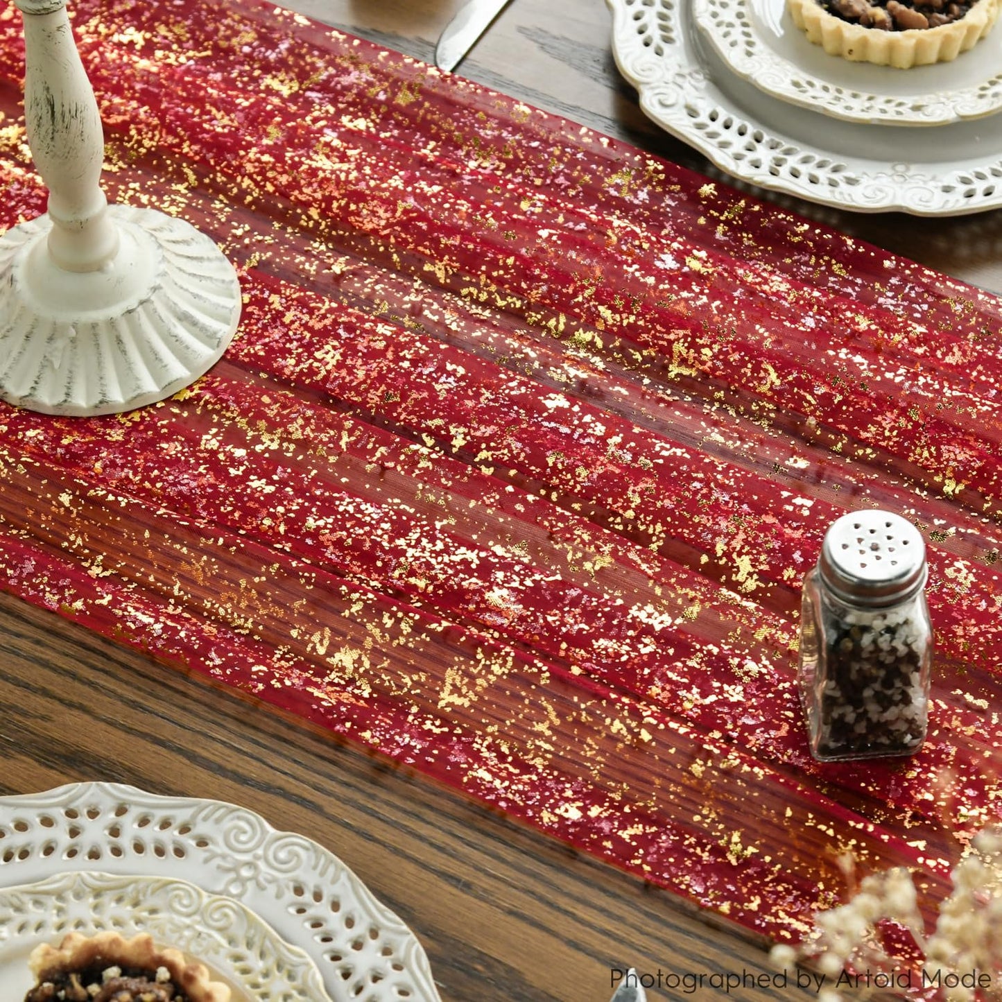 Artoid Mode Red Gold Gauze Table Runner 120 Inch 10FT, Glitter Metallic Foil Sheer Dining Wedding Anniversary Holiday Table Decor for Home Party