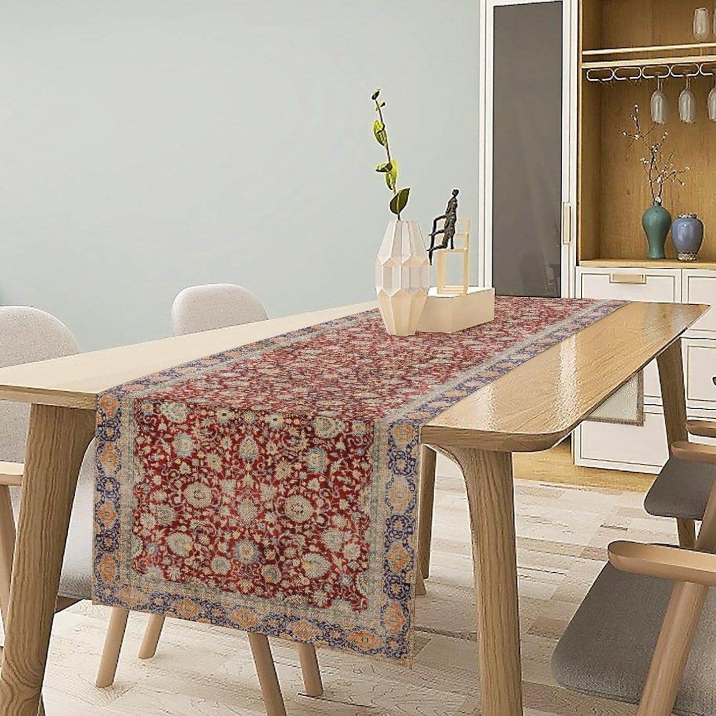 Boho Bohemia Style Table Runner, Vintage Red Blue Retro Flower Rustic Country Style Floral Print Pattern for Home Kitchen Table Decor Dining Coffee Room Garden Party Decor 13x120in