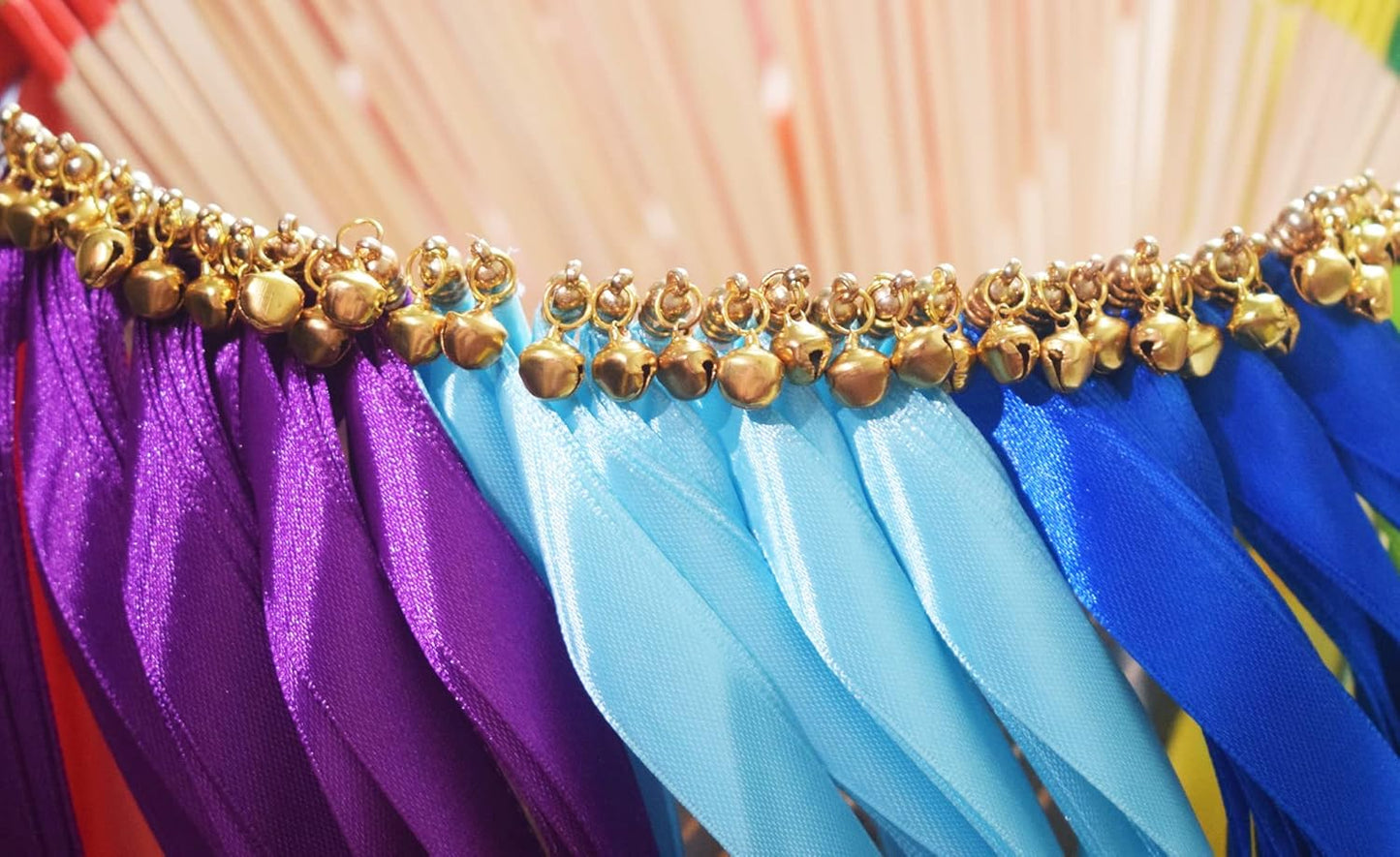 Kingsnow 100 Pieces Multi-Color Ribbon Wands Streamers Sticks with Gold Bell, Chromatic Silk Wish Wands Fairy Stick Party Rhythm Ribbon Streamers for Wedding Send Off Bridal Shower Party Photo Props