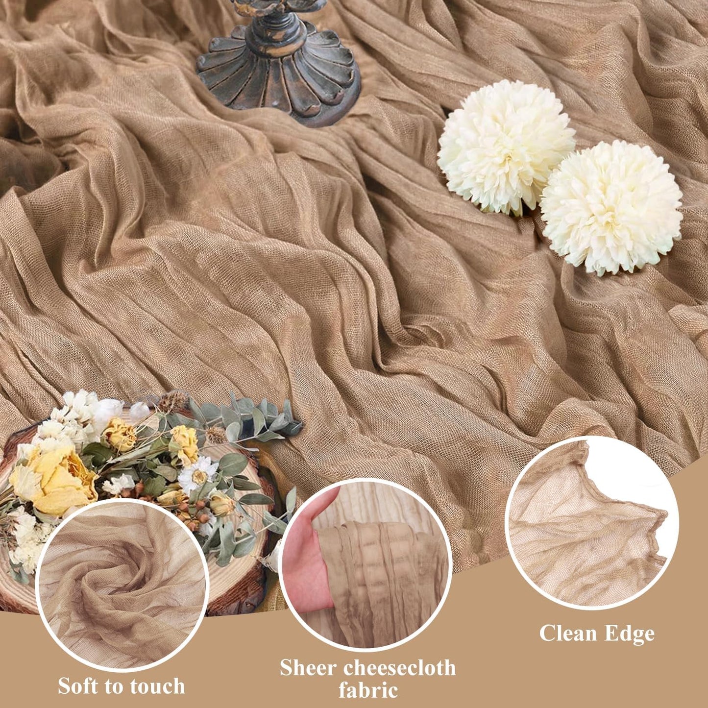 Asee'm 12pcs Cheesecloth Table Runner 120 Inches Long Nude Boho Gauze Cheese Cloth Runner 10FT Rustic Sheer Table Runners for Christmas Wedding Party Baby Shower Spring Easter Decoration