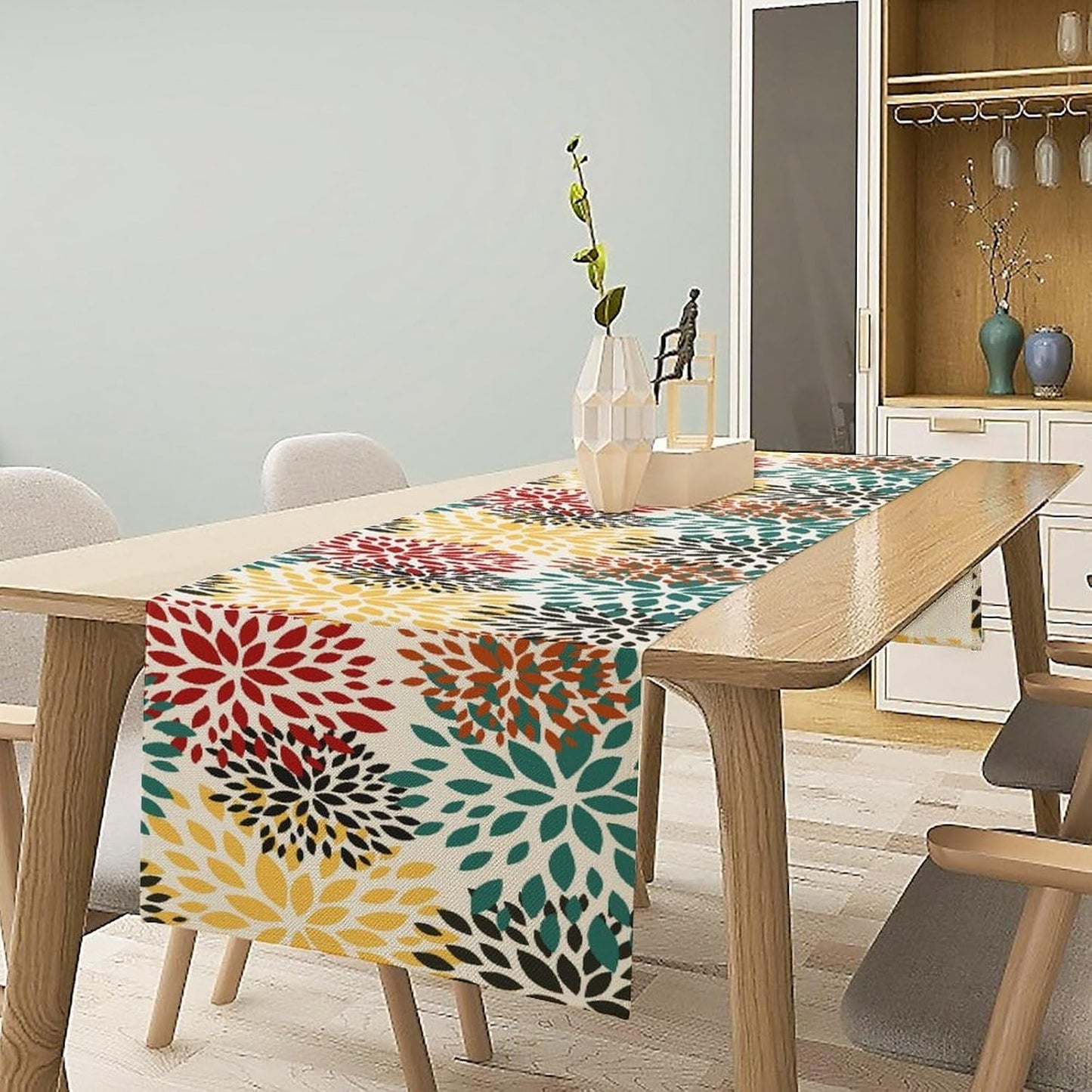 Green Red Dahlia Flower Table Runner Chrysanthemum Geometric Kitchen Dining Bedroom Living Room Table Decor for Indoor Outdoor Home Party, 13x60 Inch