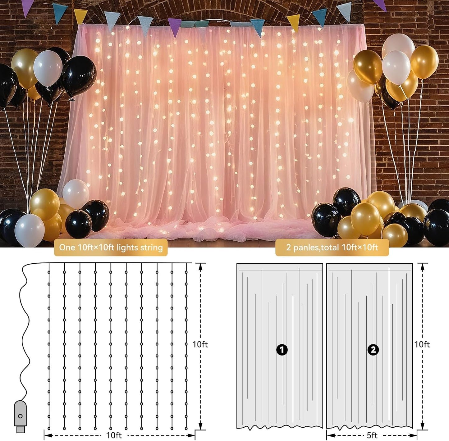 10×10ft Tulle Backdrop Curtains with Lights String - 300LED Fairy Lights Sheer Curtain Backdrop for Weddings Baby Shower and Birthday Party Decorations(2 Panels 5×10ft)
