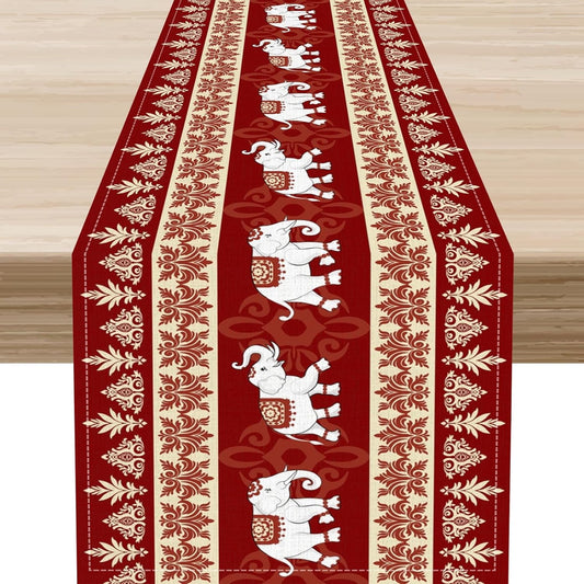 Boho Elephant Table Runner, Vintage Tribal Traditional African Animals Ethnic Folk Red Table Center Decor for Home Kitchen Dining Patio Holiday Party Indoor Outdoor Table Decorations, 13"x108" Inch