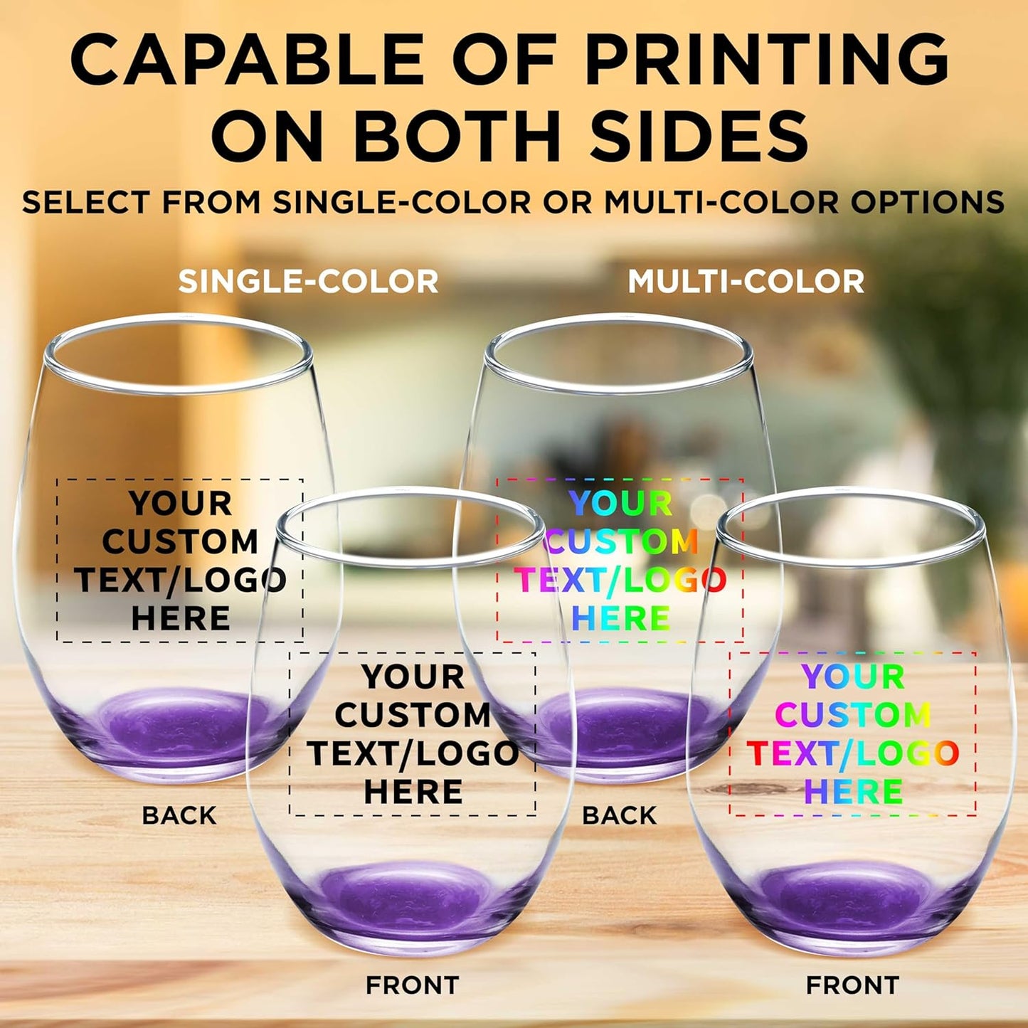 Custom Stemless Wine Glass 9 oz. Set of 10, Personalized Bulk Pack - Great for Wedding Favors, Bachelorette Party Decorations, Party Favors, Color Bottom - Purple