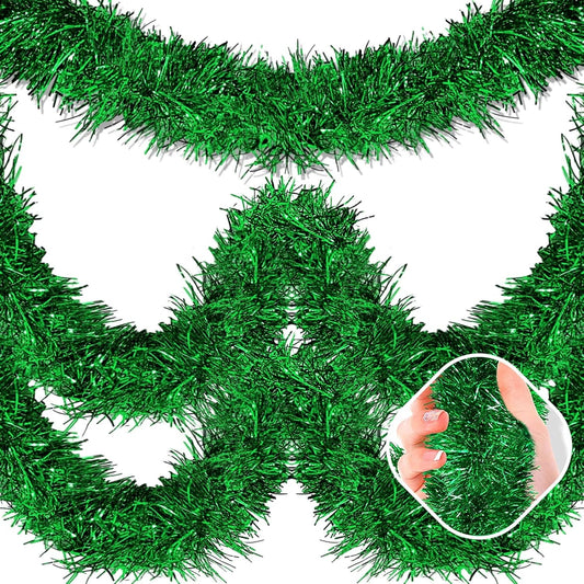 25 Feet Green Christmas Tinsel Garland, Metallic Foil Twist Garland Wall Hanging Tinsel Banner Backdrop for Parade Floats, Easter, Mother's Day, Birthday Party Decorations (4in x 25ft)