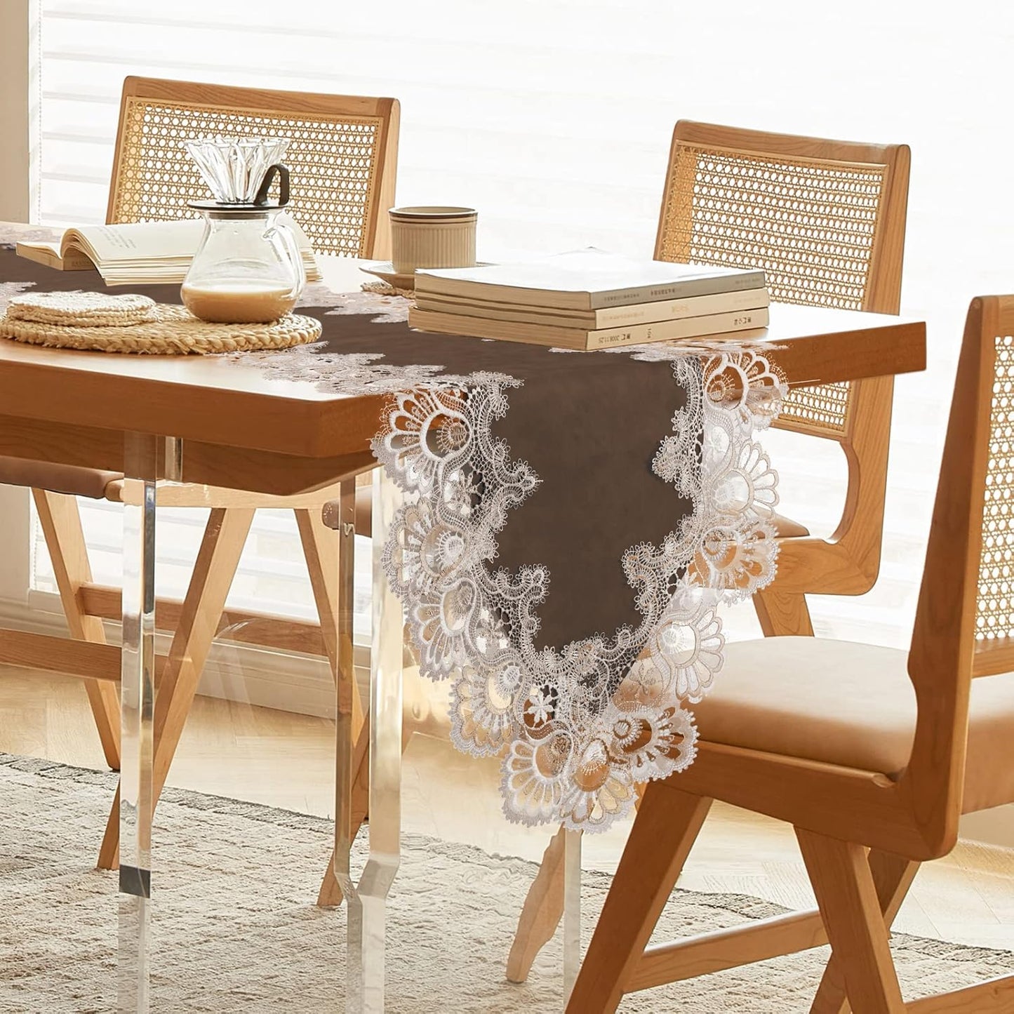 Vintage Lace Dining Table Runner, 72 Inches Macrame Coffee Table Runners for Kitchen Home Christmas Party Decorations (16x72 inch,Brown)