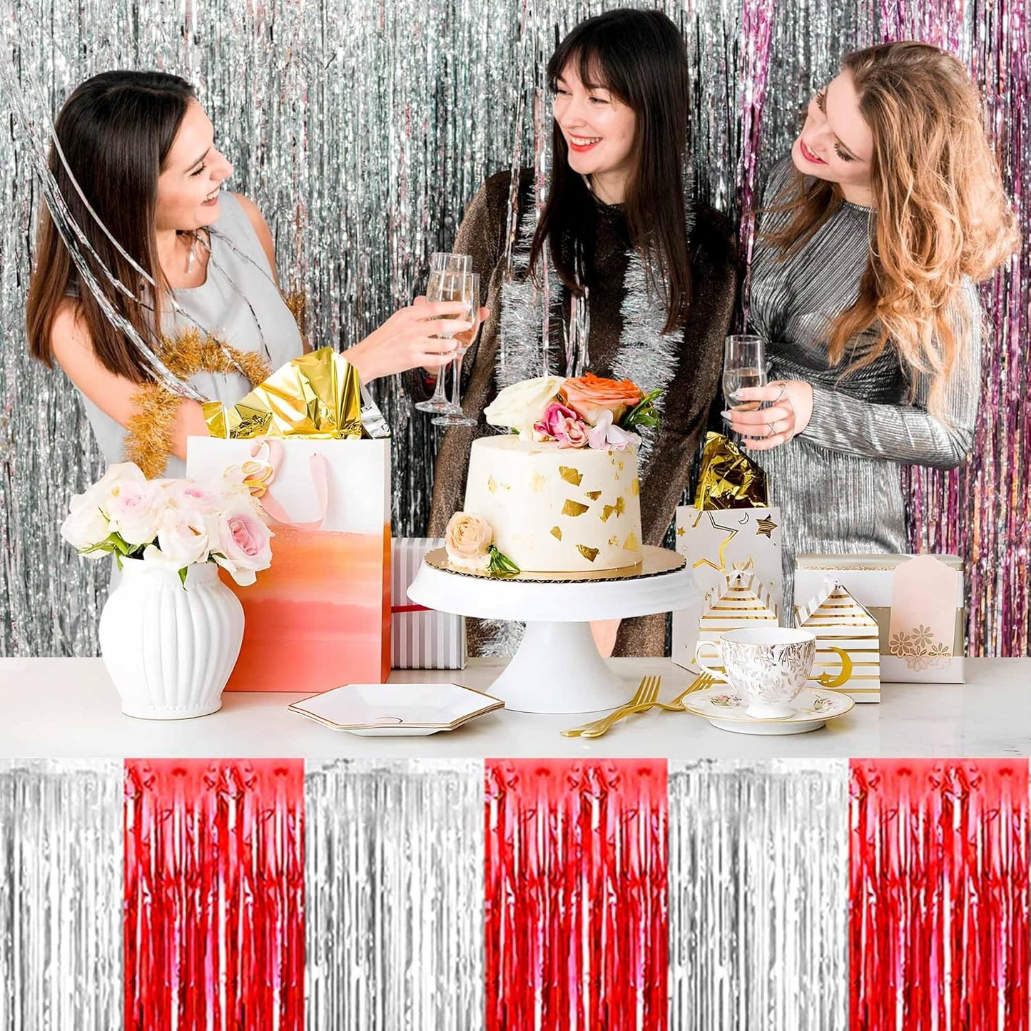 3 Pack Red and Silver Foil Fringe Table Skirts Metallic Tinsel Streamers Garland Banner Backdrop for Table Decor, Parade Float, Birthday, Wedding, Halloween, Christmas Party Decorations(29x108 In)