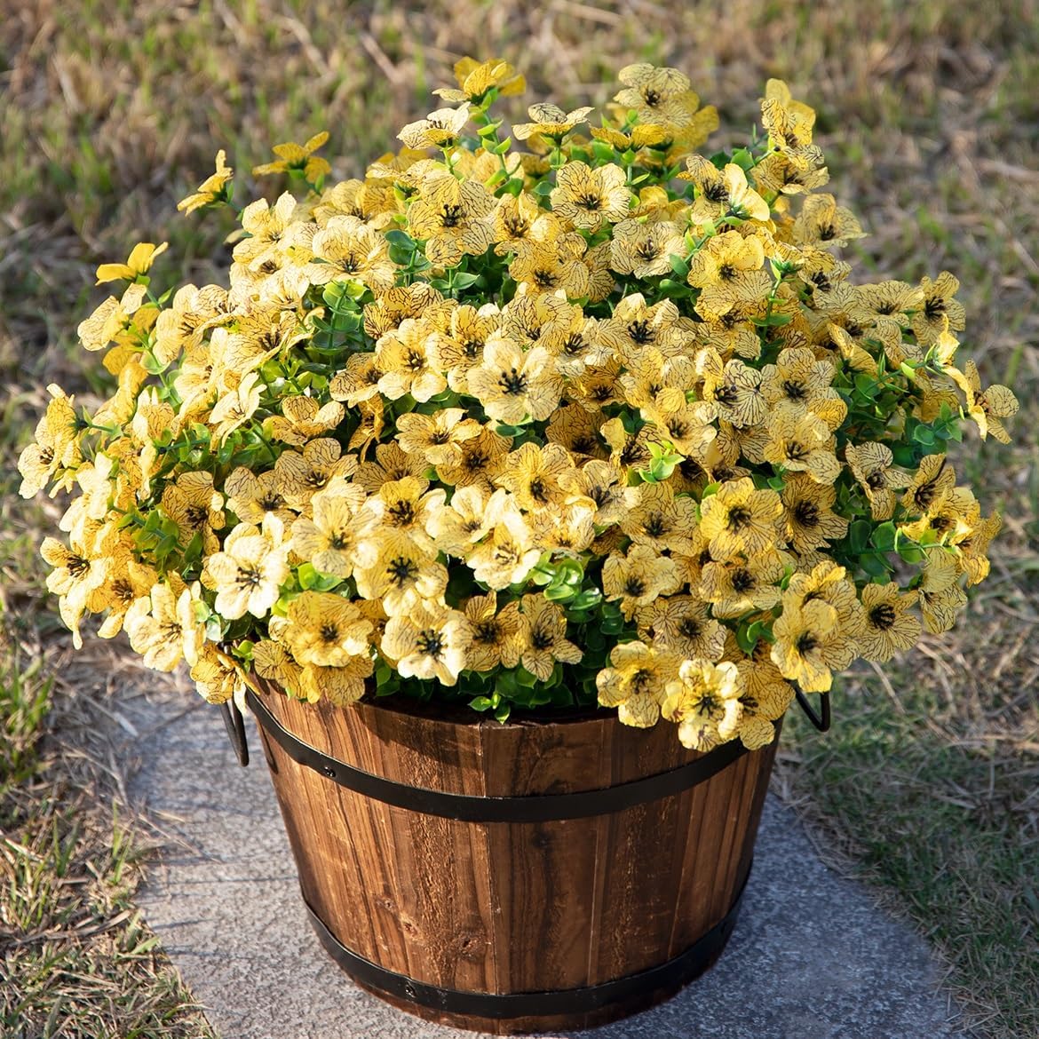 HyeFlora Artificial Fall Flowers Faux Mums for Outdoor Indoor Garden Home Decoration, Faux Flower Daisy with Eucalyptus Leaves Fake Plants Greenery Boxwood Porch Patio, 12 Bundles (Yellow)