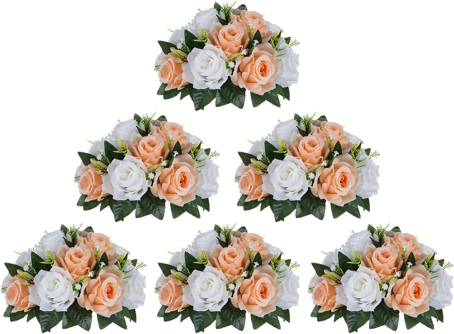 BLOSMON Rose Flower Balls Centerpieces: 6pcs 9.5 Inch Peach Fuzz Fake Flowers Kissing Balls Decor Artificial Wedding Floral Arrangements Silk Bouquet with Base Home Party Room Table DIY Decorations