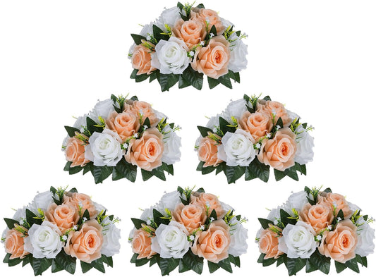 BLOSMON Rose Flower Balls Centerpieces: 6pcs 9.5 Inch Peach Fuzz Fake Flowers Kissing Balls Decor Artificial Wedding Floral Arrangements Silk Bouquet with Base Home Party Room Table DIY Decorations