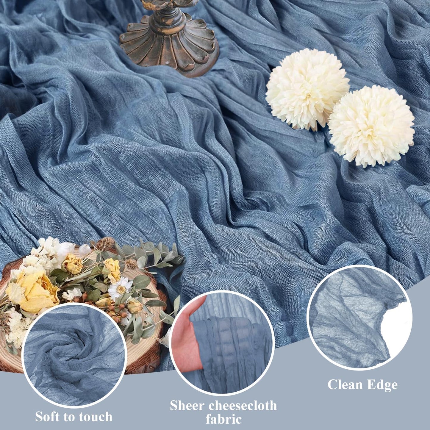 Asee'm 12pcs Cheesecloth Table Runner 120 Inches Long Dusty Blue Boho Gauze Cheese Cloth Runner 10FT Rustic Sheer Table Runners for Christmas Wedding Party Baby Shower Spring Easter Decoration