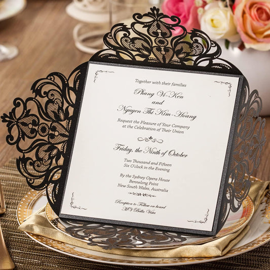 Hosmsua 50PCS Personalized Black Laser Cut Hollow Lace Rose Invitation Cards with Envelopes 6.3 x 6.3 Inch Wedding Invitations for Engagement Wedding Invite (Customized Printed)
