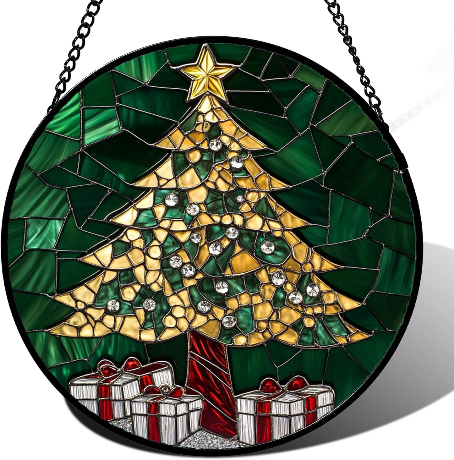 Stained Glass Window Hanging - Gold Green Christmas Tree Suncatcher for Doors Home Christmas Decoration Winter Sun Catcher Thanksgiving New Year Birthday Gifts for Women Men Mom Nana 11.8 in