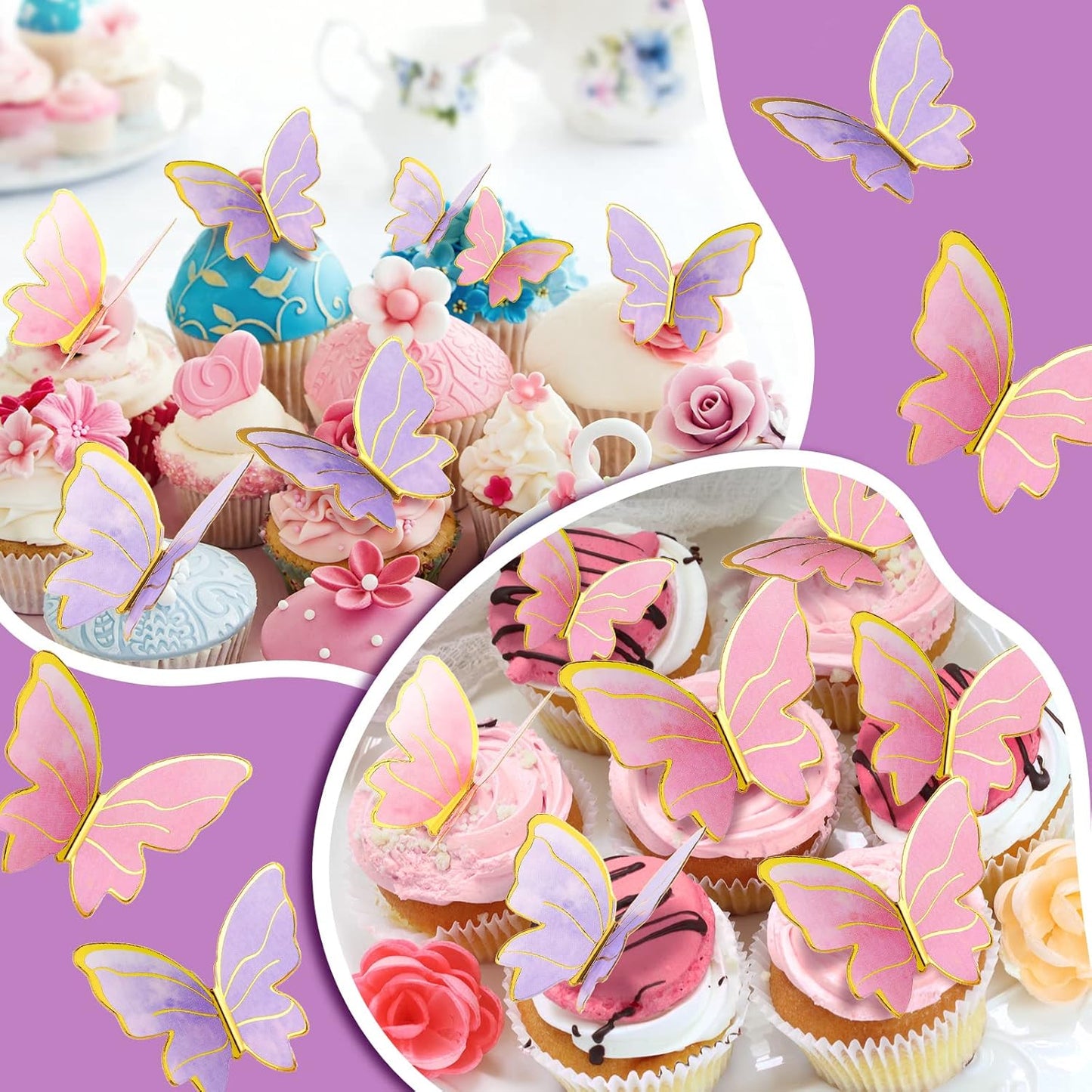 Shimeyao 52 Pcs Wedding Birthday Gold Cake Decoration Boho Cake Topper Pink Purple Flower Butterfly Palm Leaves Balls Toppers for Women Baby Shower Party Decoration(Candy Color)
